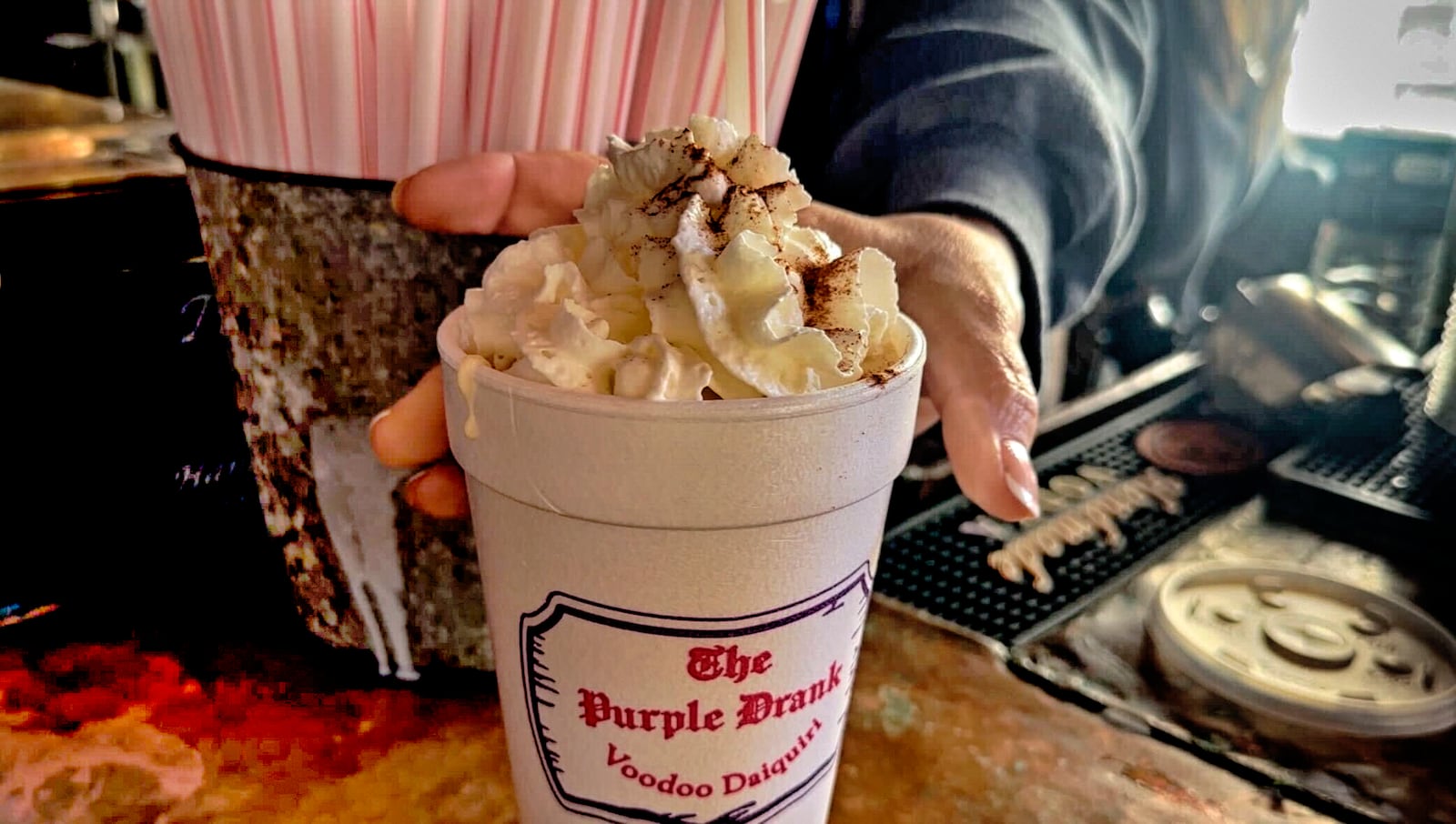 An eggnog daiquiri is shown at Lafitte's Blacksmith Shop in New Orleans on Thursday, Dec. 12, 2024. (AP Photo/Stephen Smith)