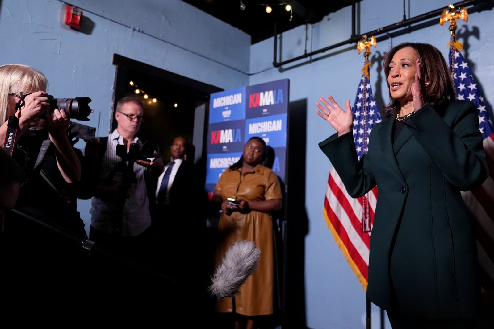 Democratic presidential nominee Vice President Kamala Harris speaks with reporters before a town hall at the Royal Oak Theatre in Royal Oak, Mich., Monday, Oct. 21, 2024. (AP Photo/Jacquelyn Martin)