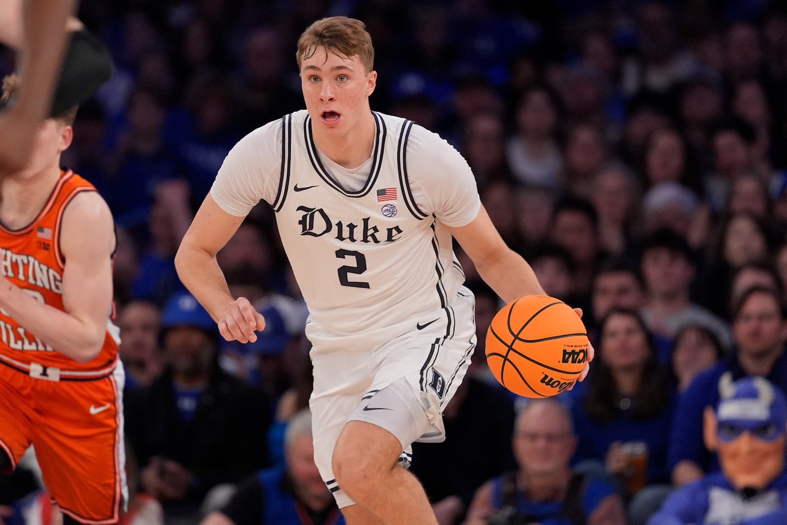 Duke's Cooper Flagg (2) looks to pass during the first half of an NCAA college basketball game against Illinois Saturday, Feb. 22, 2025, in New York. (AP Photo/Frank Franklin II)