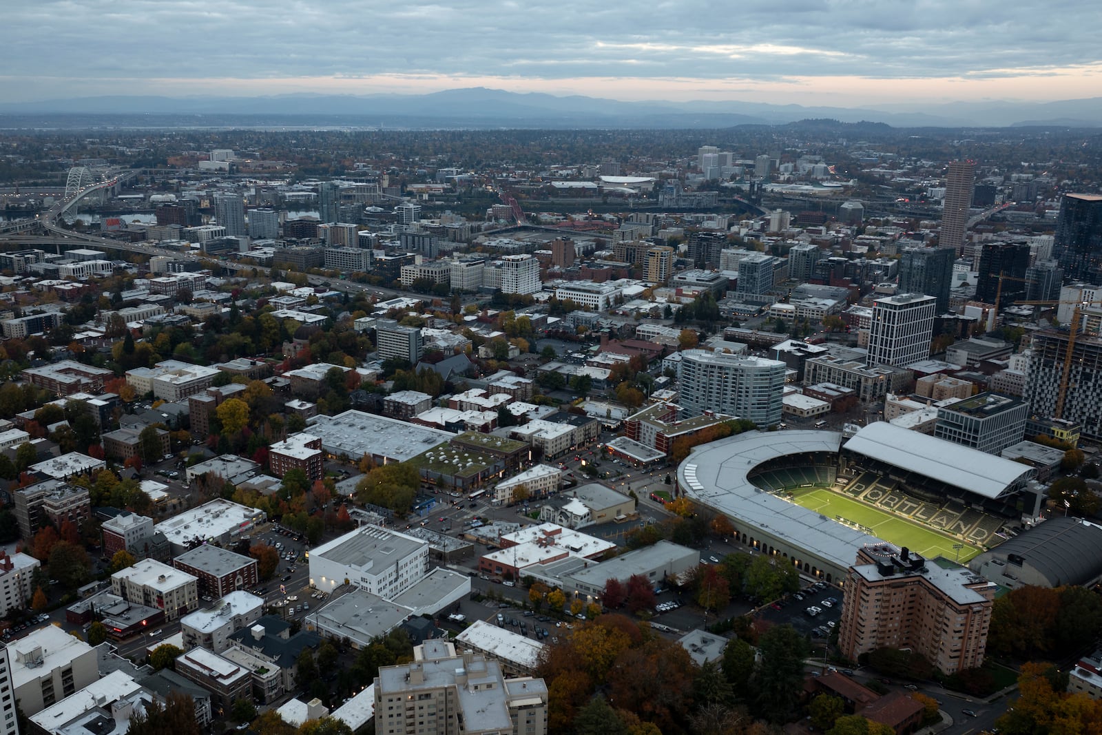 FILE - Providence Park stadium, where the Portland Timbers soccer team play, is seen at right, on Tuesday, Oct. 29, 2024, in Portland, Ore. (AP Photo/Jenny Kane, File)