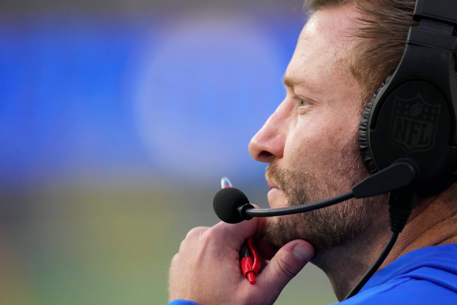 Los Angeles Rams head coach Sean McVay watches from the sideline during the second half of an NFL football game against the Seattle Seahawks, Sunday, Jan. 5, 2025, in Inglewood, Calif. (AP Photo/Mark J. Terrill)