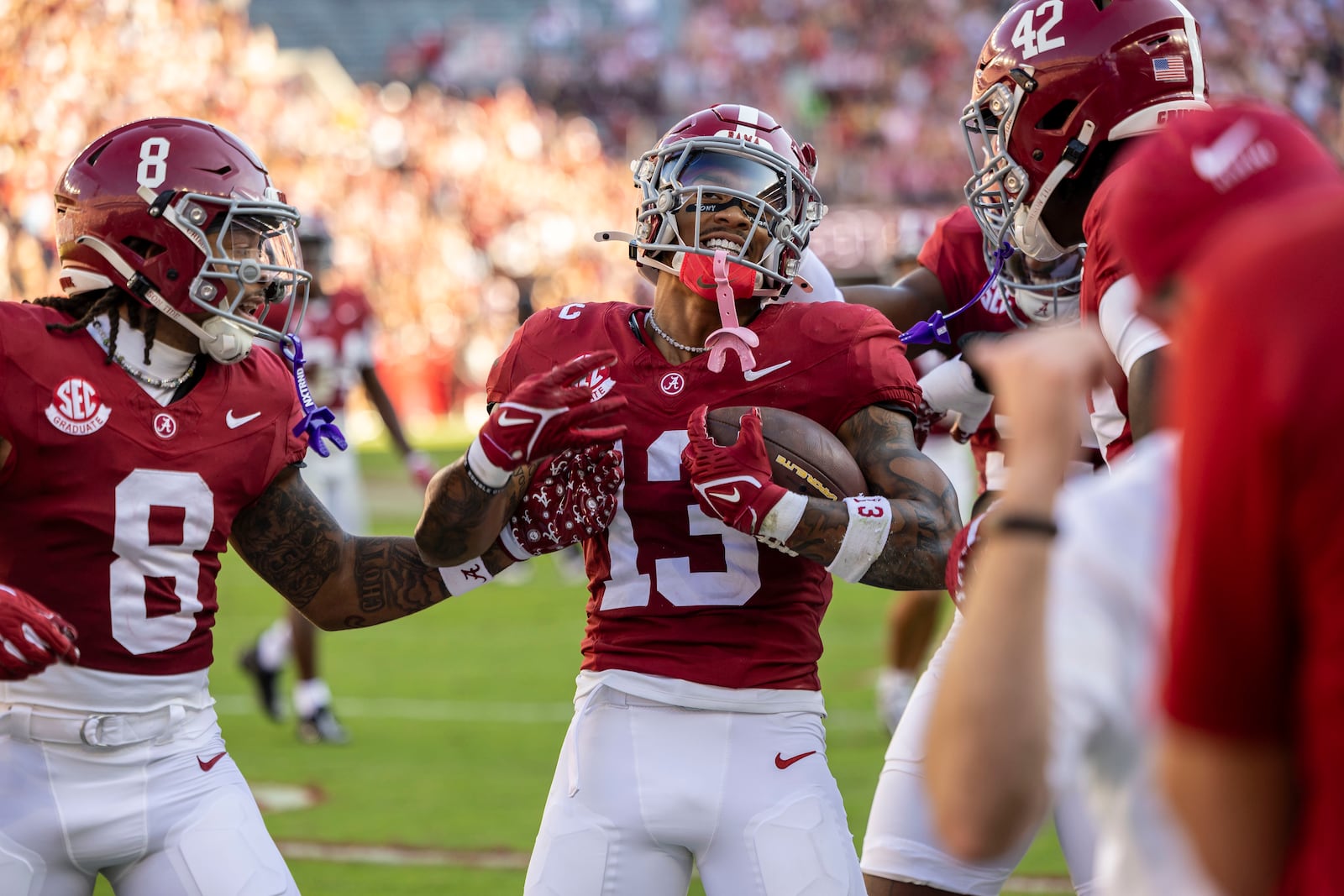 Alabama defensive back Malachi Moore (13) celebrates after an interception during the first half of an NCAA college football game against Missouri, Saturday, Oct. 26, 2024, in Tuscaloosa, Ala. (AP Photo/Vasha Hunt)