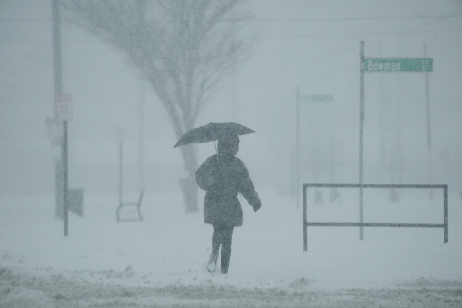 FILE - A person holds an umbrella as they walk during a winter storm, Monday, Jan. 6, 2025, in Cincinnati. (AP Photo/Joshua A. Bickel, File)