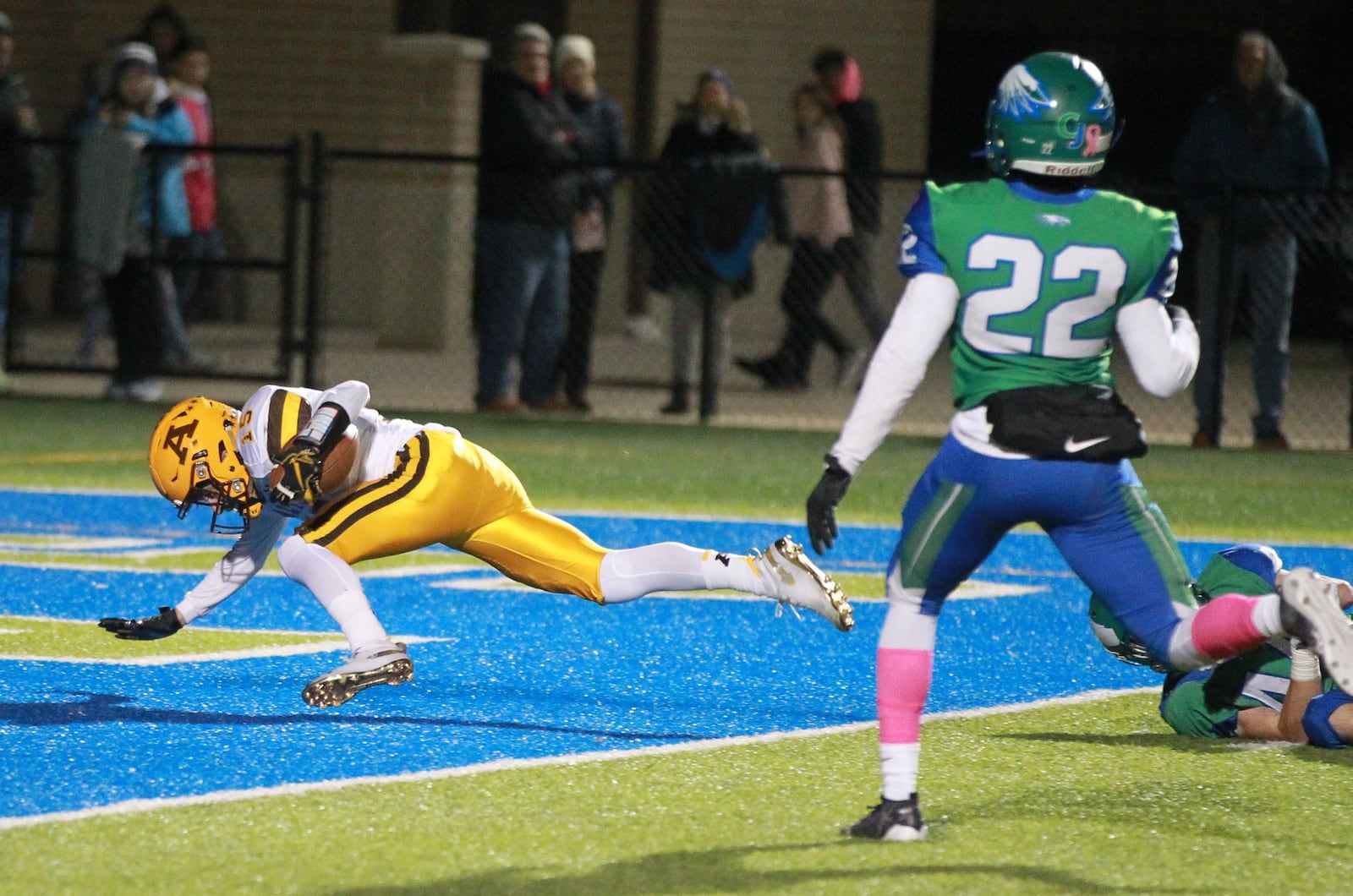 Patrick Connor of Alter (left) beats Jason Ward of Chaminade Julienne (22) to the end zone. Alter defeated host CJ 35-28 in a Week 10 high school football game on Friday, Nov. 1, 2019. MARC PENDLETON / STAFF