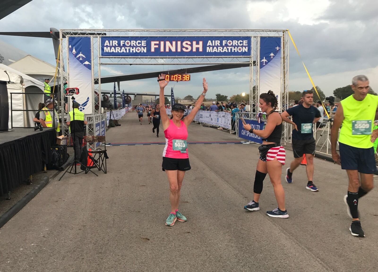 Gerie Owen at the end of Saturday's 10K at the Air Force Marathon at Wright Patterson AFB. She ran in honor of the late Mike "Mickey" Lozan. CONTRIBUTED