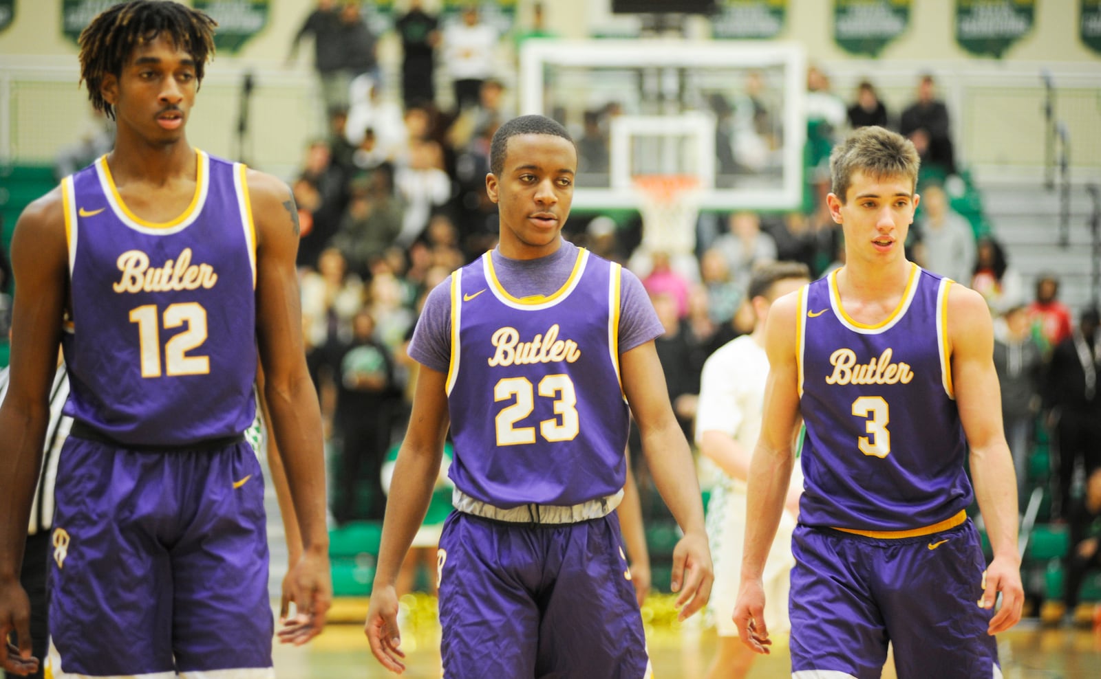 Butler’s Bryant Johnson (left), Tyler Montague (23) and Michael Kreill were key in a 70-60 win at Northmont on Tuesday. The Aviators are 5-0 and a new No. 1 in the power rankings. MARC PENDLETON / STAFF