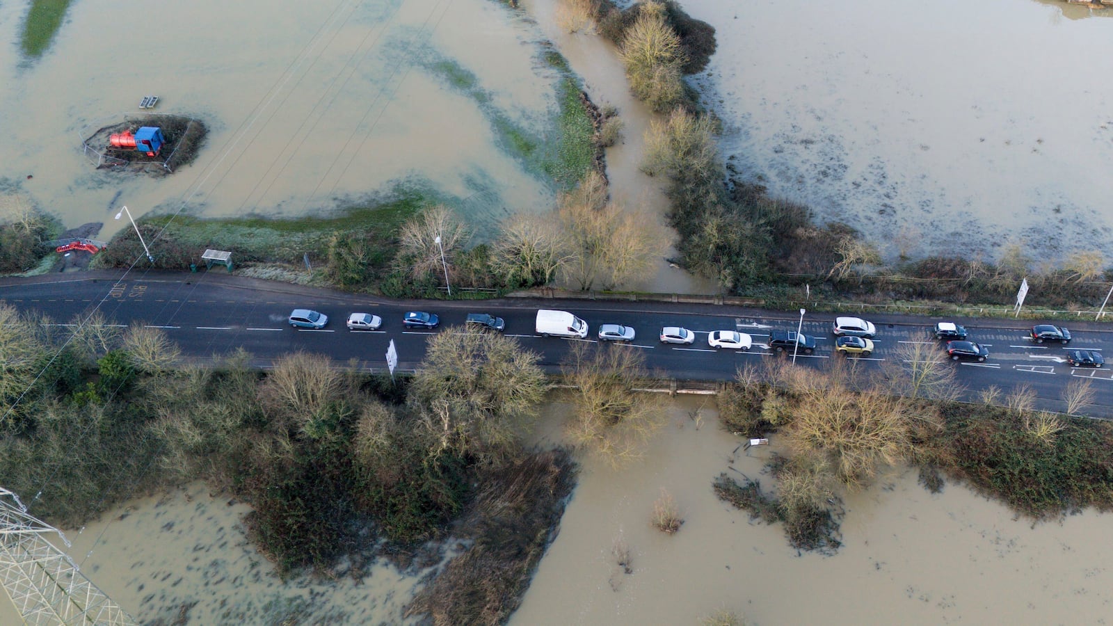 Flooded fields are seen in Glen Parva, Leicester, England, Tuesday, Jan. 7, 2025. (Gareth Fuller/PA via AP)