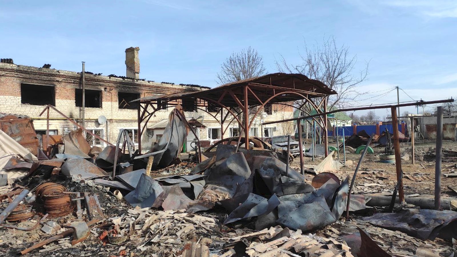 In this photo taken from video distributed by Russian Defense Ministry Press Service on Thursday, March 13, 2025, a view of Sudzha, the biggest town in the Kursk region of Russia after it was taken over by Russian troops. (Russian Defense Ministry Press Service via AP)