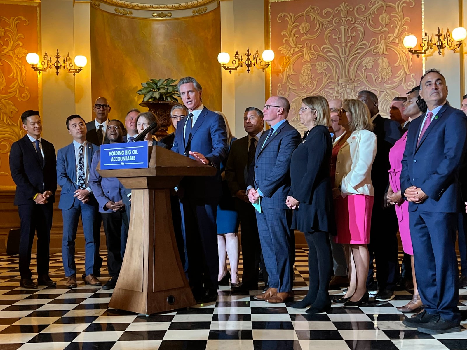 California Gov. Gavin Newsom speaks as he signs legislation at the state Capitol on Monday, Oct. 14, 2024, aimed at preventing gas prices from spiking at the pump. (AP Photo/Sophie Austin)