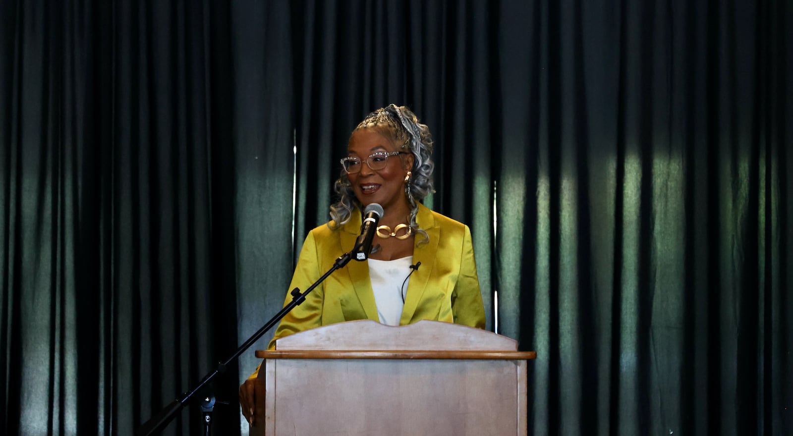 Patricia Smith Griffin, fourth great-granddaughter of Charity Davis Broady, speaks at the Dayton Region Walk of Fame induction ceremony at Sinclair Community College on Wednesday, Oct. 11, 2023, in Dayton. David Jablonski/Staff