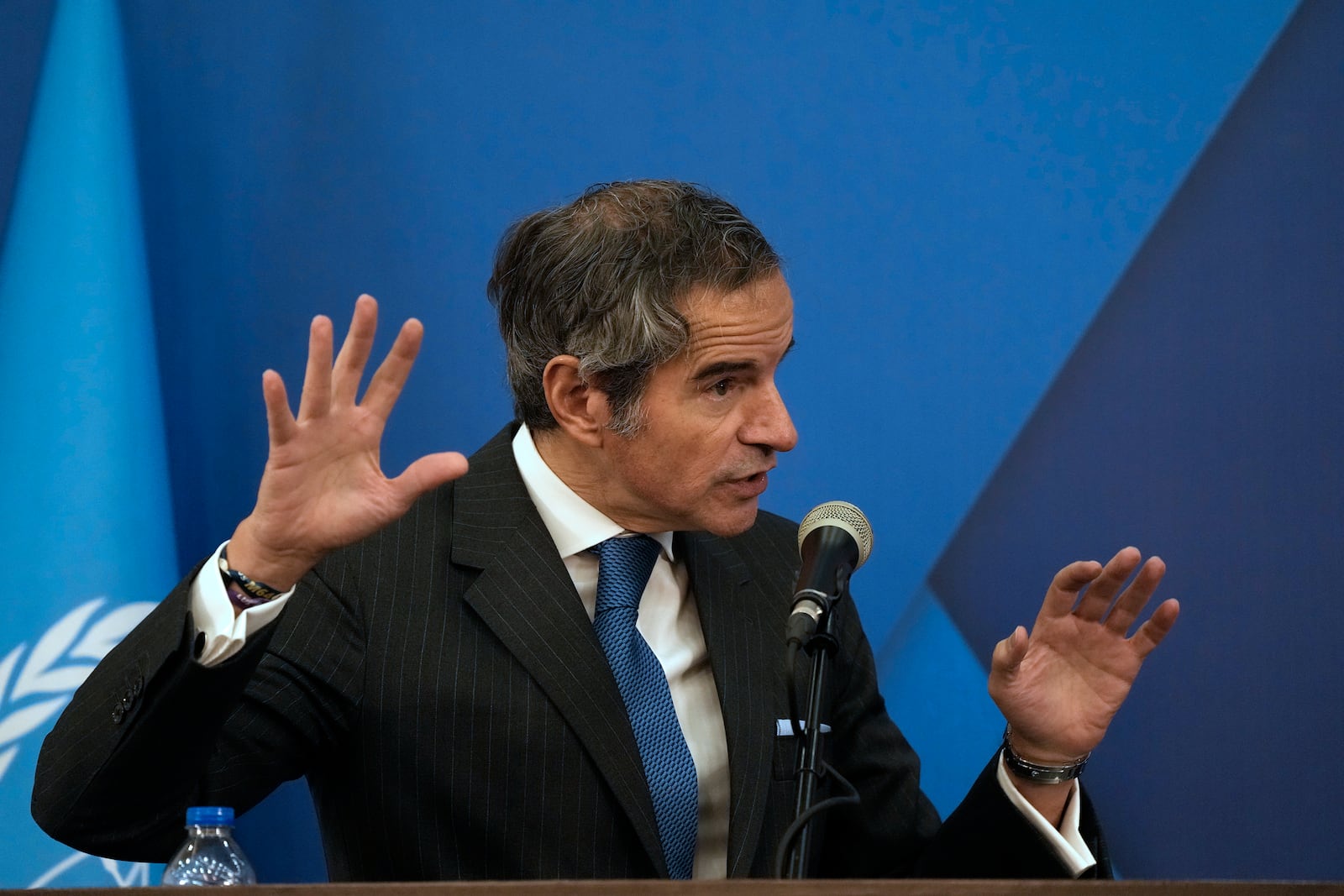 International Atomic Energy Agency, IAEA, Director General Rafael Mariano Grossi speaks during a joint press briefing with Iran's Atomic Energy Organization head Mohammad Eslami in Tehran, Iran, Thursday, Nov. 14, 2024. (AP Photo/Vahid Salemi)