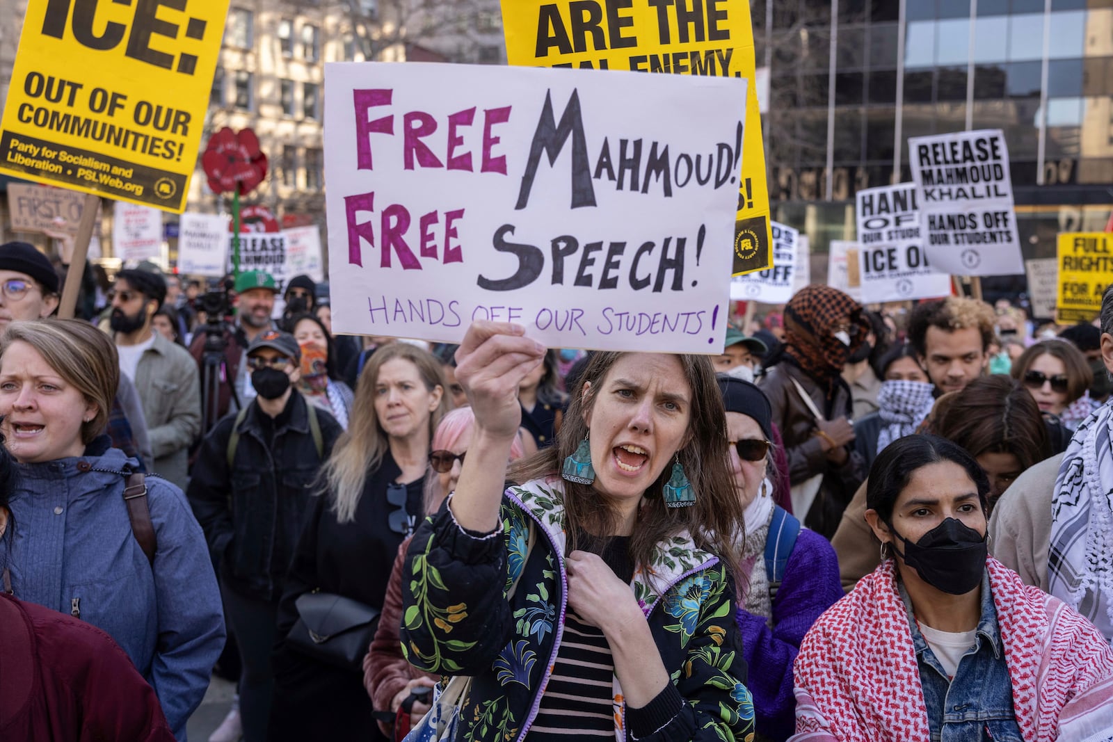 A protester chants during a demonstration in support of Palestinian activist Mahmoud Khalil, Monday, March 10, 2025, in New York. (AP Photo/Yuki Iwamura)