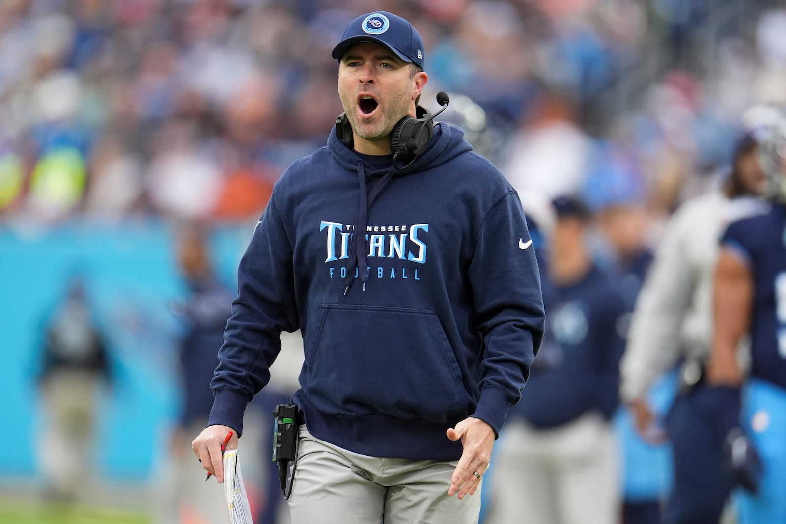 Tennessee Titans head coach Brian Callahan reacts during the first half of an NFL football game against the Cincinnati Bengals, Sunday, Dec. 15, 2024, in Nashville, Tenn. (AP Photo/George Walker IV)