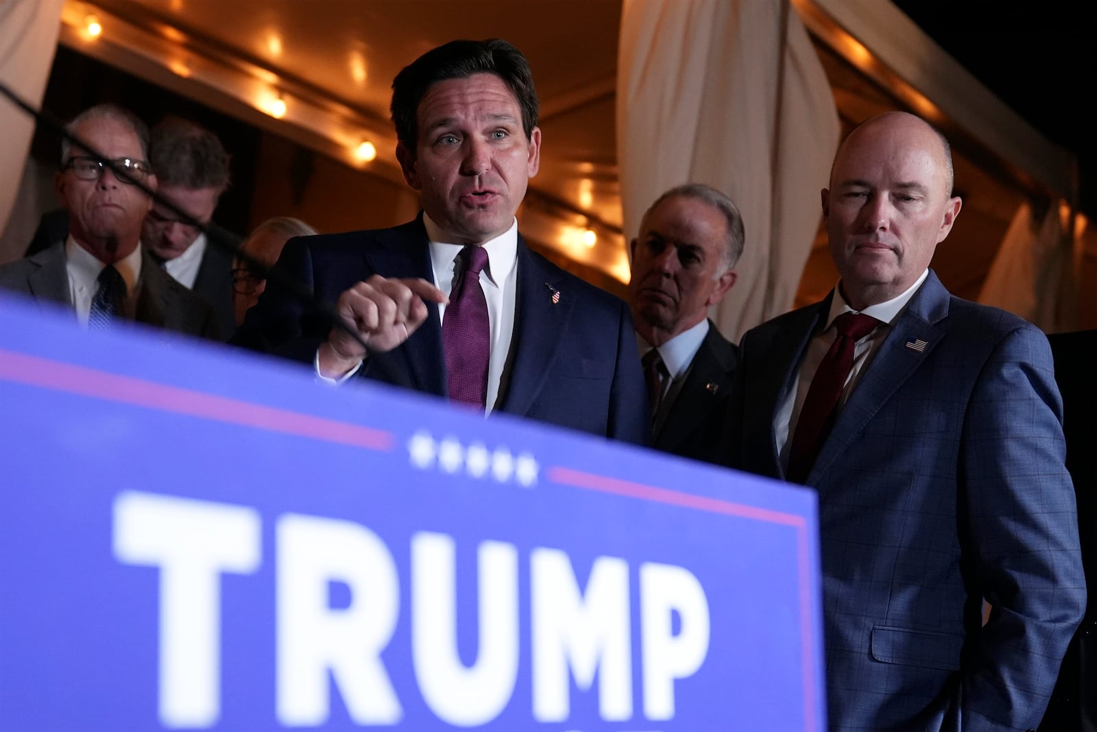 FILE - Florida Gov. Ron DeSantis speaks at a meeting with Republican governors and President-elect Donald Trump, at Mar-a-Lago, in Palm Beach, Fla., Jan. 9, 2025. (AP Photo/Evan Vucci, File)