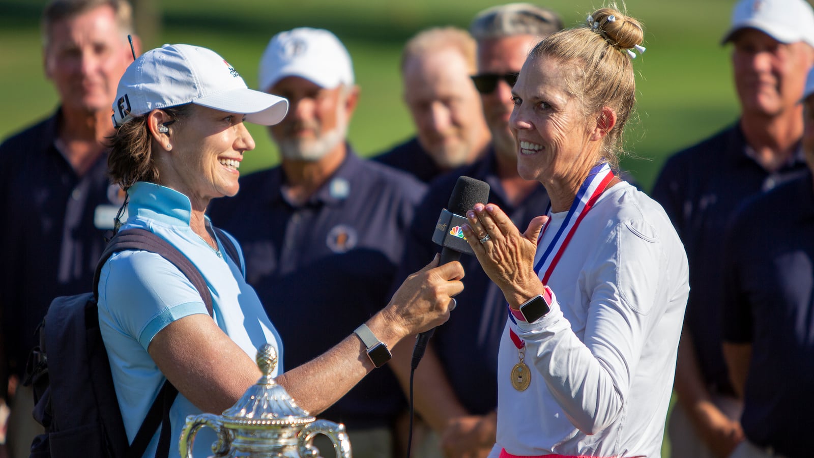 Jill McGill talks about her sister and caddie, Shelley O'Keefe, during the trophy presentation Sunday at the U.S. Senior Women's Open at NCR Country Club. CONTRIBUTED/Jeff Gilbert