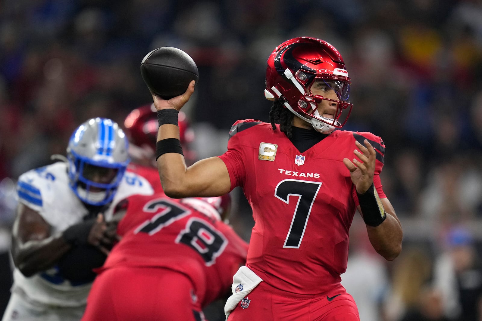 Houston Texans quarterback C.J. Stroud throws a pass during the first half of an NFL football game against the Detroit Lions, Sunday, Nov. 10, 2024, in Houston. (AP Photo/Eric Christian Smith)