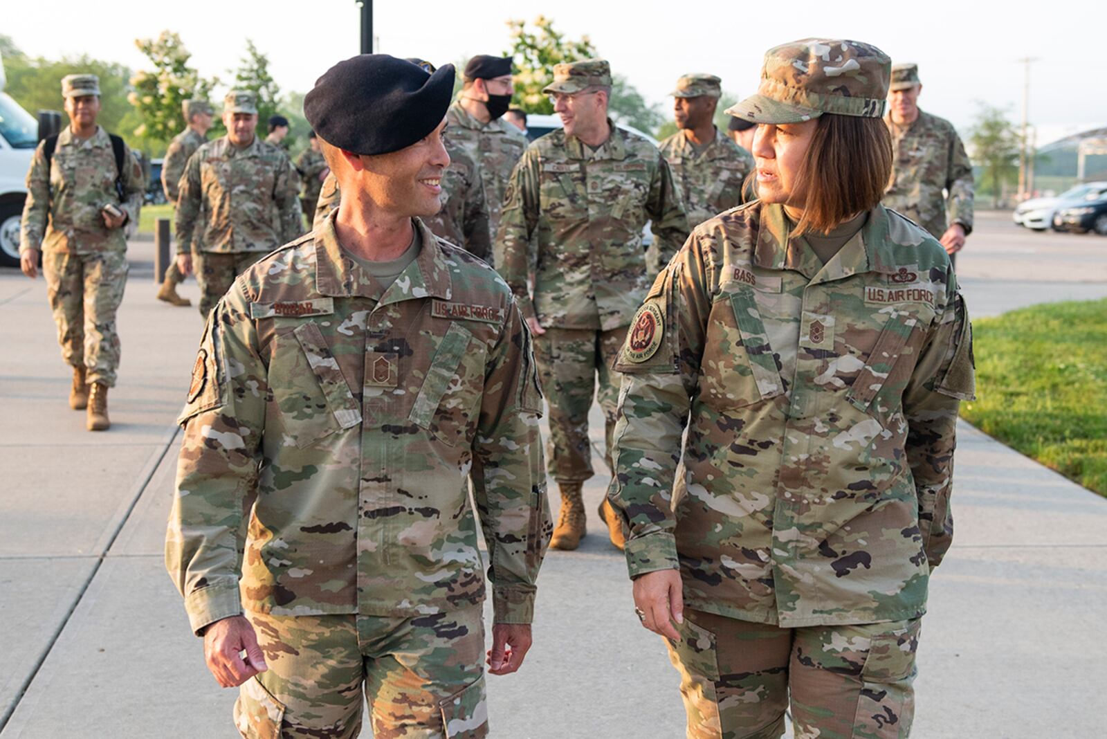 Chief Master Sgt. of the Air Force JoAnne Bass chats with Chief Master Sgt. Gary Bubar, 88th Security Forces Squadron superintendent, upon her arrival at the unit June 4 during a 3-day tour of Wright-Patterson Air Force Base. U.S. AIR FORCE PHOTO/WESLEY FARNSWORTH