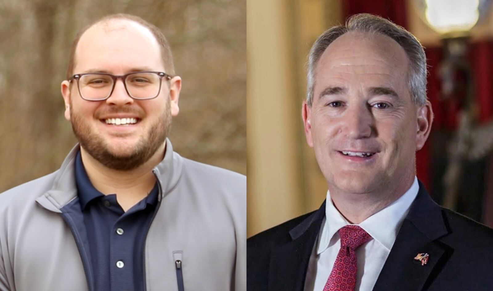 The candidates for Ohio Auditor of State in the November 2022 election are Taylor Sappington (left) and incumbent Keith Faber (right).