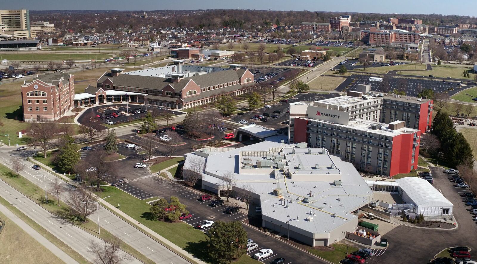 The GE Episcenter, Emerson Helix Innovation Center adn teh Dayton Marriott are located on University of Dayton land that stretches from the UD Campus to the Great Miami River.   TY GREENLEES / STAFF