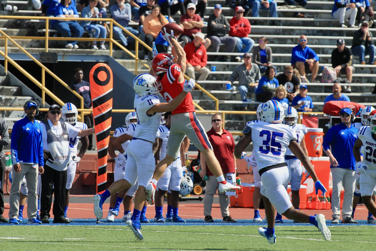 The University of Dayton's Sam Bubonics makes a catch against Presbyterian College on Saturday, Sept. 25, 2021, at Welcome Stadium. David Jablonski/Staff