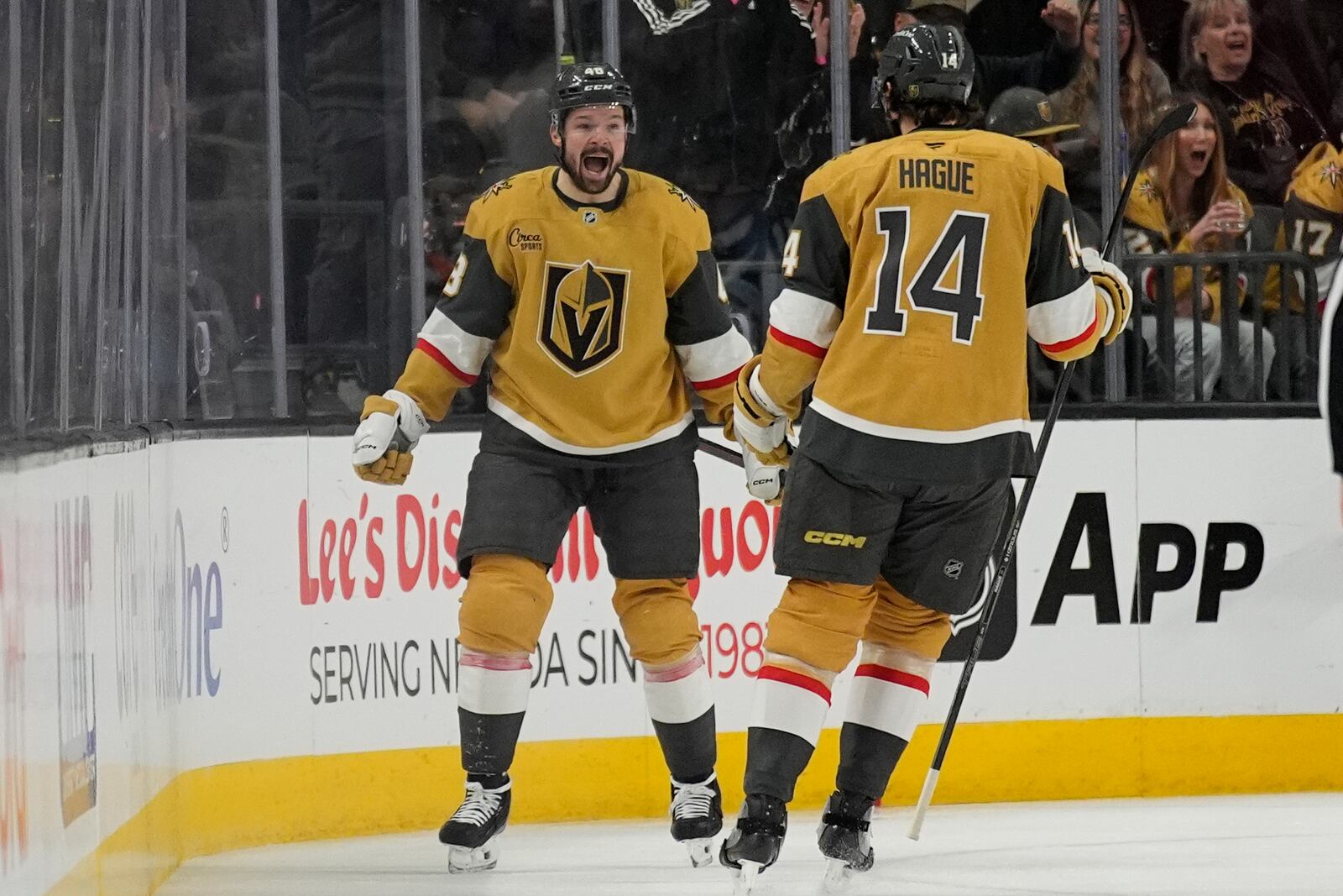 Vegas Golden Knights center Tomas Hertl (48) celebrates after scoring against the Columbus Blue Jackets during the first period of an NHL hockey game Thursday, Jan. 30, 2025, in Las Vegas. (AP Photo/John Locher)