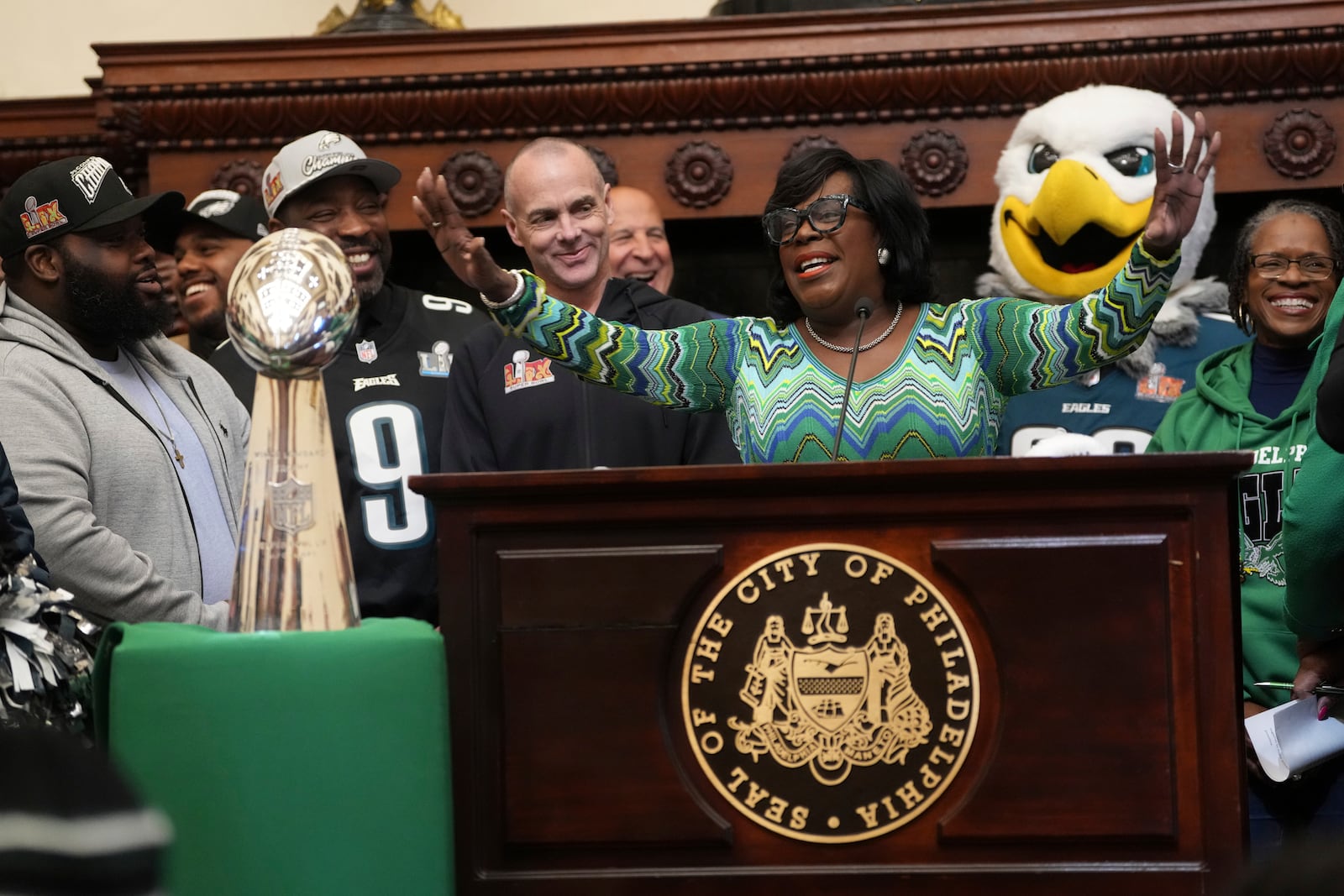 Philadelphia Mayor Cherelle Parker accompanied by Philadelphia Eagles President, Don Smolenski, and other officials speaks during a news conference in Philadelphia, Tuesday, Feb. 11, 2025, ahead of a planned Philadelphia Eagles NFL Super Bowl 59 football victory celebration. (AP Photo/Matt Rourke)