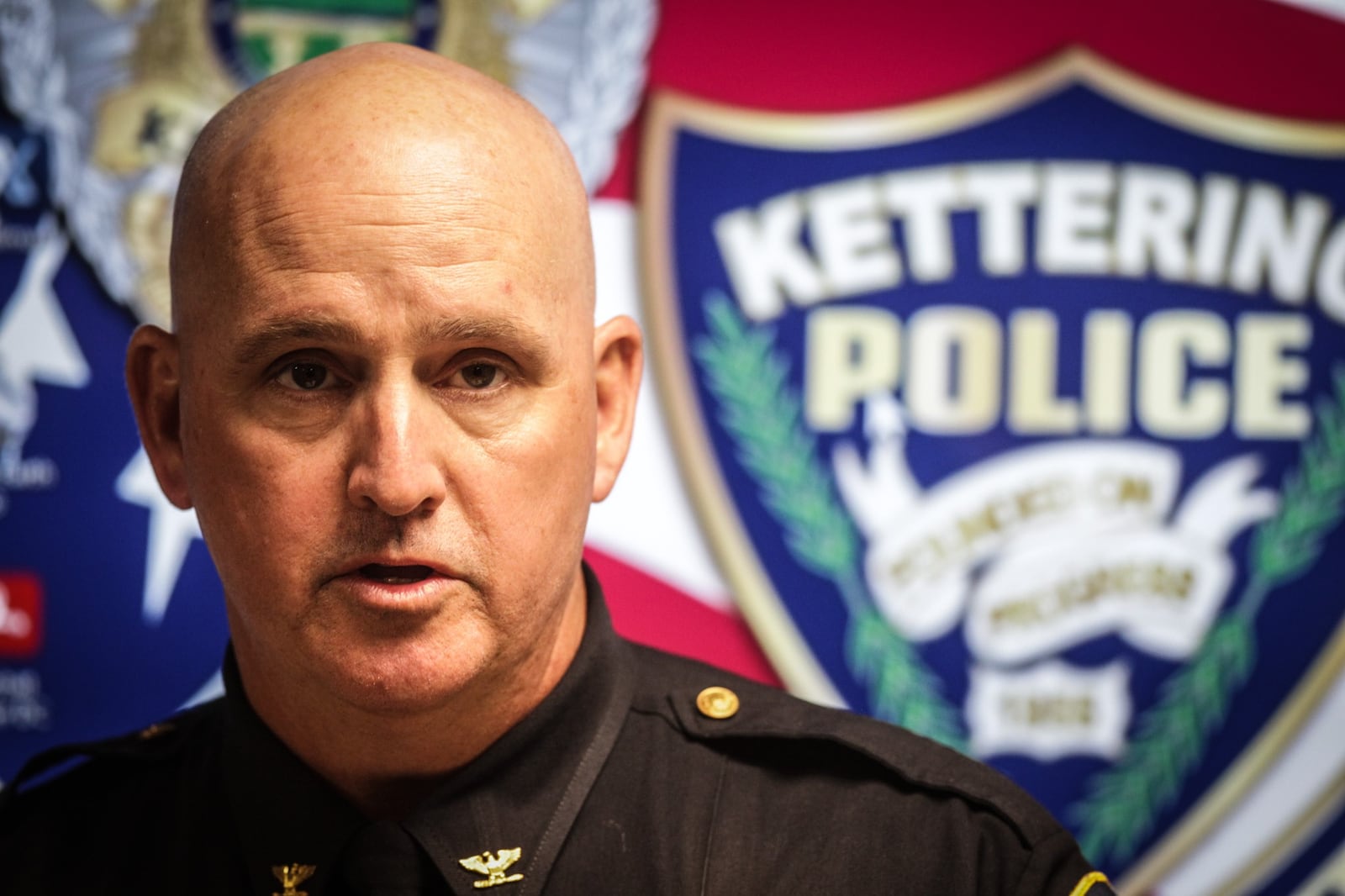 Kettering Police Chief Christopher "Chip" Protsman speaks during a media briefing Monday, March 29, 2021, concerning a deadly shooting that happened in Kettering over the weekend. JIM NOELKER/STAFF