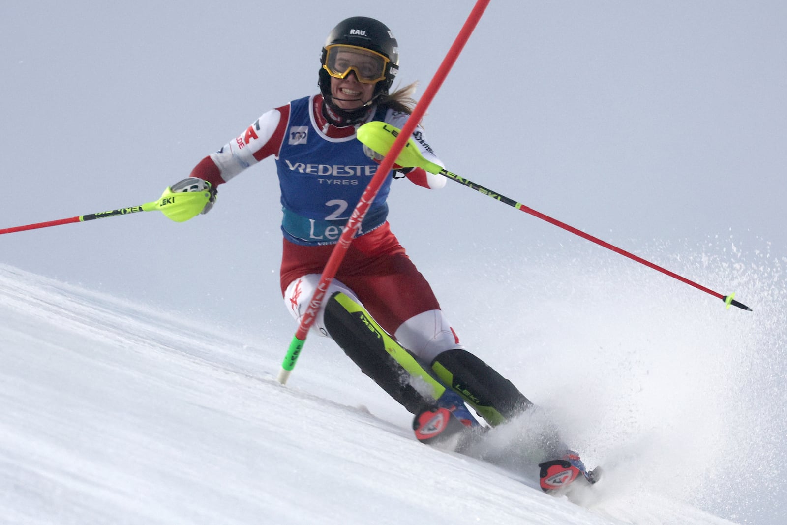 Austria's Katharina Liensberger speeds down the course during an alpine ski, women's World Cup slalom, in Levi, Finland, Saturday, Nov. 16, 2024. (AP Photo/Marco Trovati)