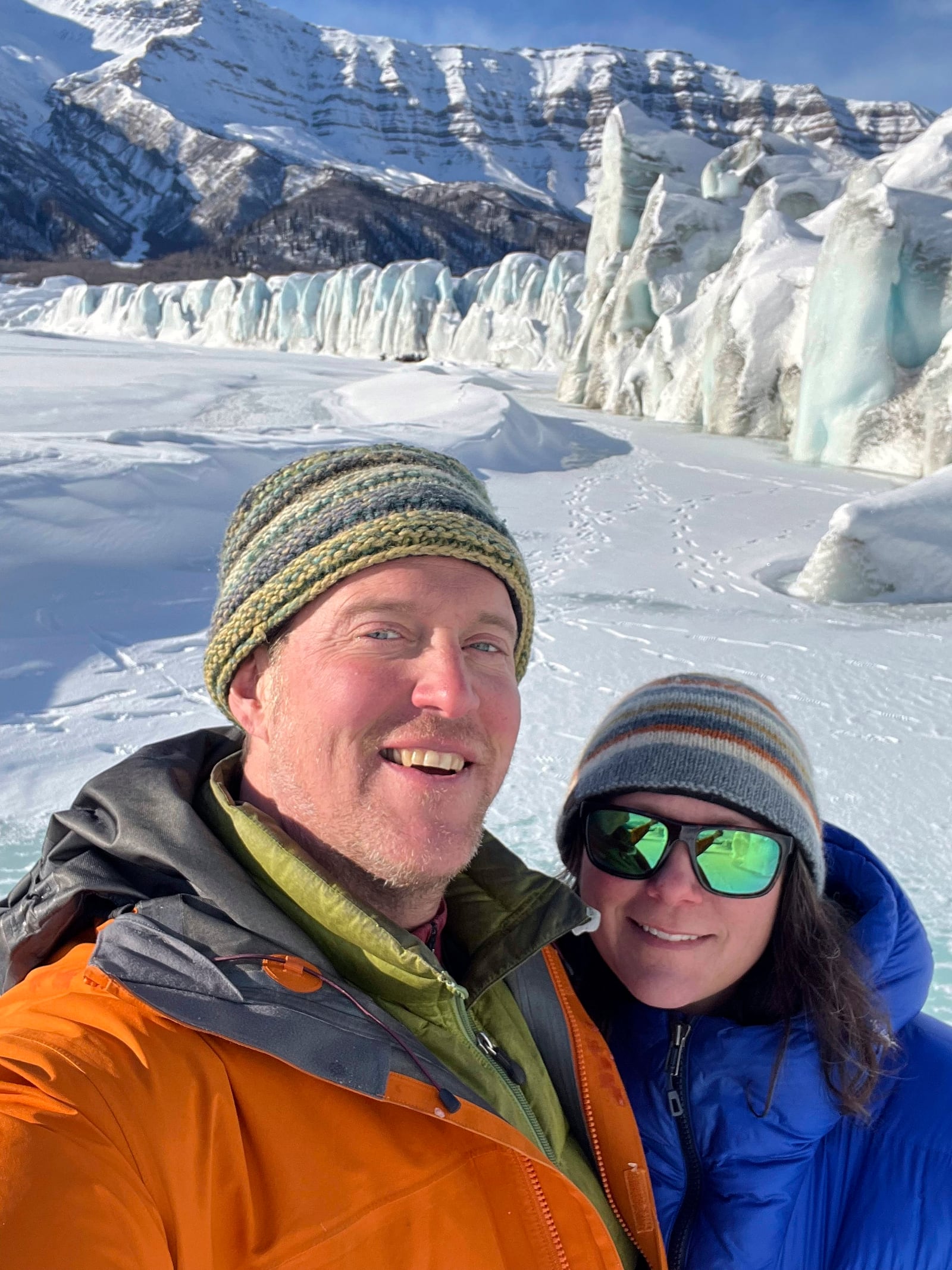 This image provided by Warren Hill shows Warren and Beth Hill at Wrangell St. Elias National Park in Alaska Feb. 25, 2024. (Warren Hill via AP)