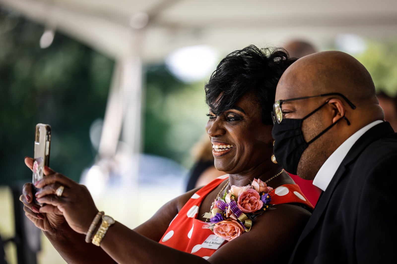 Trotwood mayor Mary McDonald takes a selfie at the groundbreaking of a new Montgomery County municipal court western division building in Trotwood Friday August 27, 2021. JIM NOELKER/STAFF