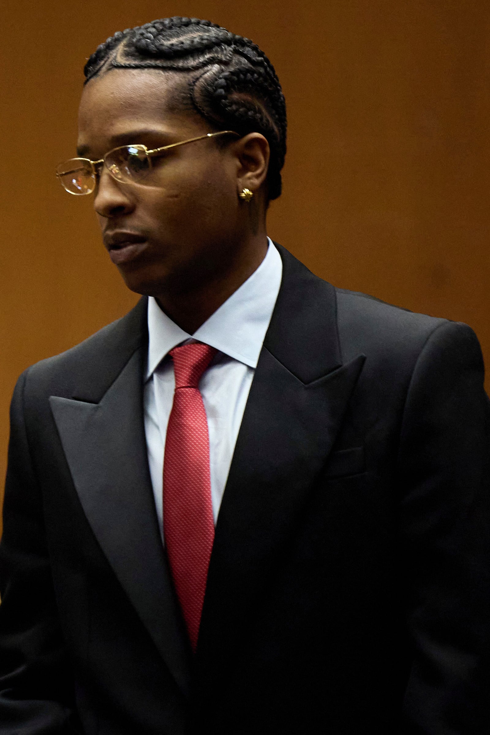 A$AP Rocky stands in court during closing arguments in his trial Thursday, Feb. 13, 2025, in Los Angeles. (Allison Dinner/Pool Photo via AP)