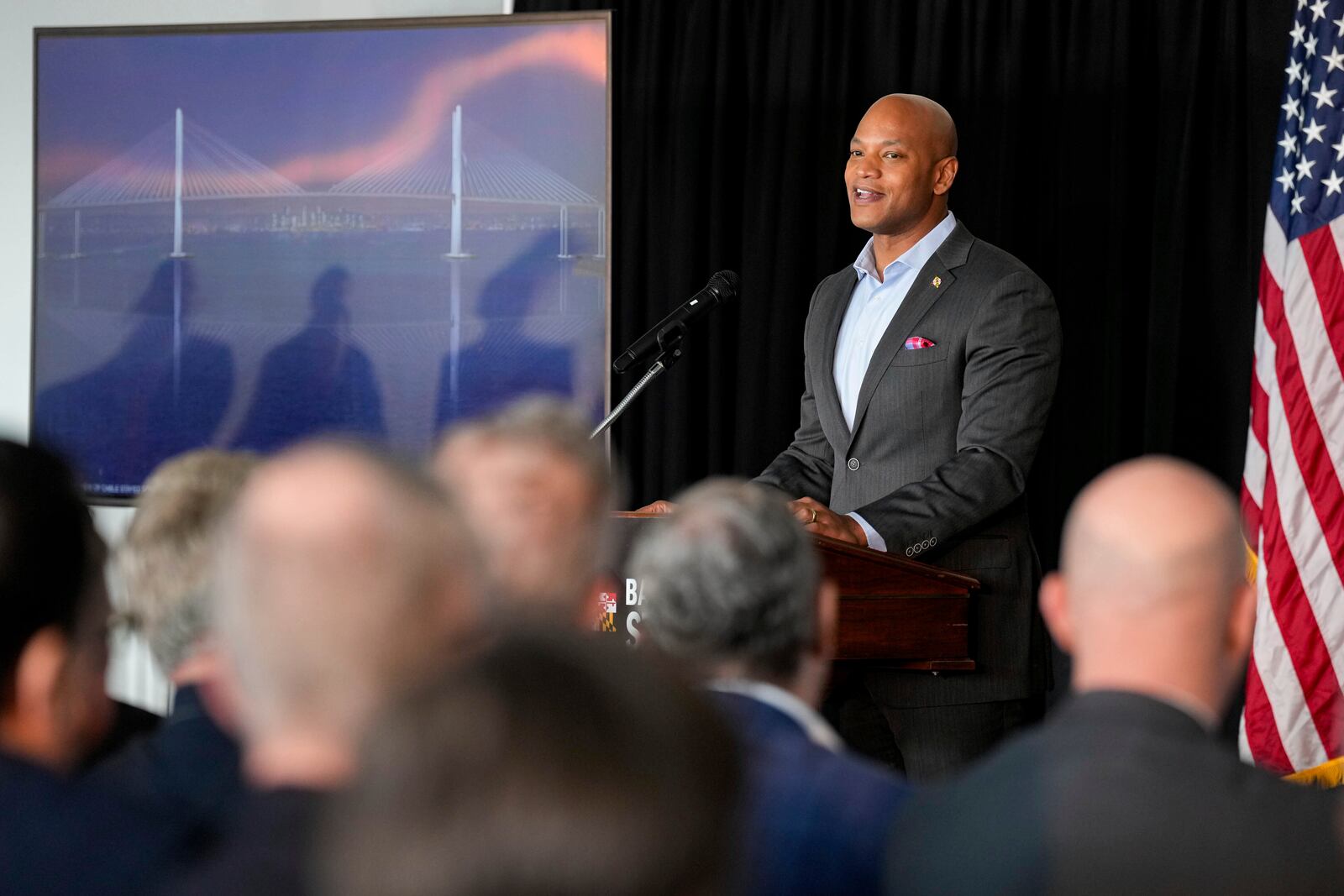 Maryland Gov. Wes Moore delivers remarks during a news conference, Tuesday, Feb 4, 2025, in Edgemere, Md., announcing the design for the Francis Scott Key bridge rebuild at Tradepoint Atlantic. (Ulysses Muñoz/The Baltimore Banner via AP, File)