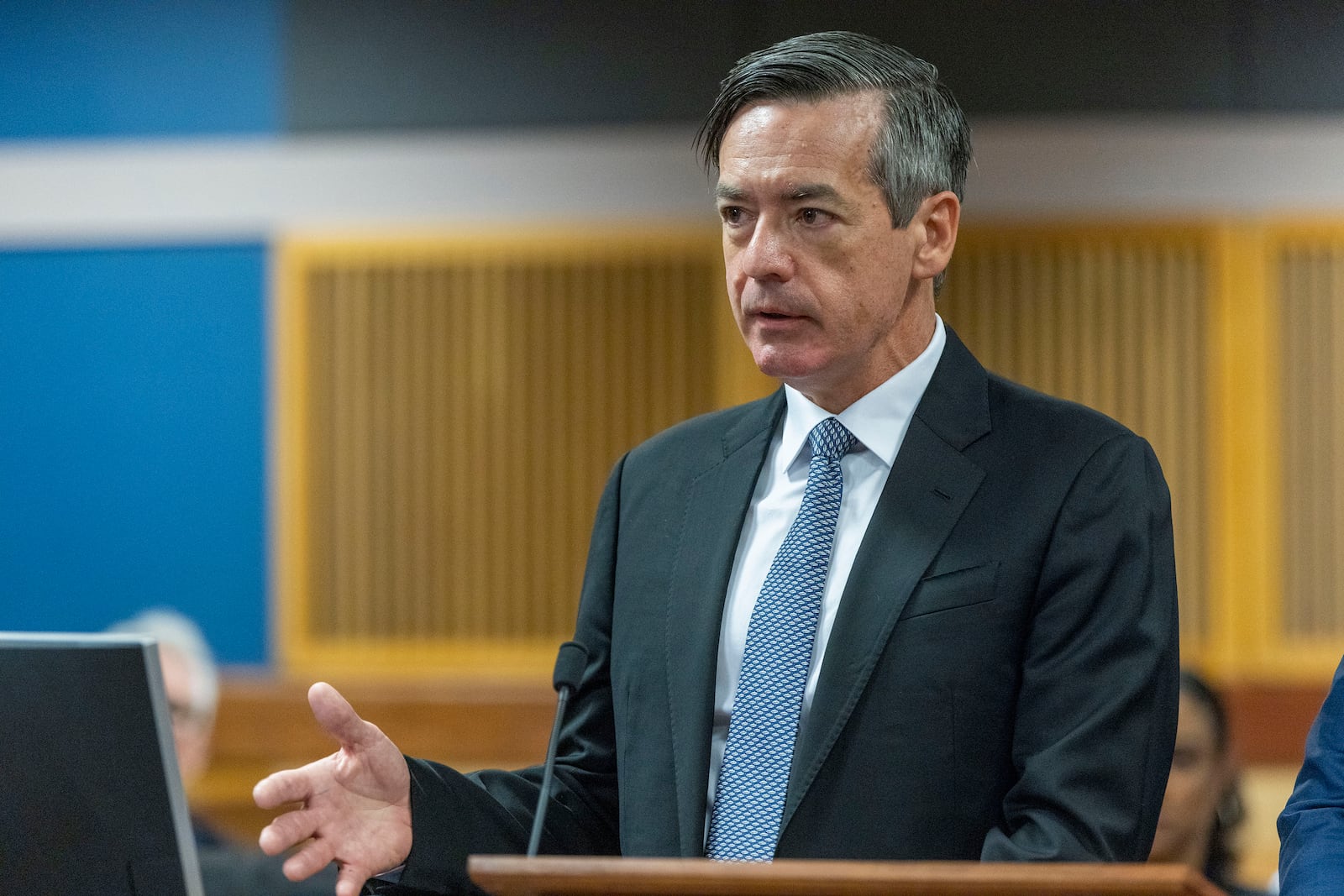 FILE - Kenneth Chesebro speaks to Fulton County Superior Court Judge Scott McAfee during a hearing where Chesebro accepted a plea deal from the Fulton County district attorney at the Fulton County Courthouse, Oct. 20, 2023, in Atlanta. (Alyssa Pointer/Pool Photo via AP, File)