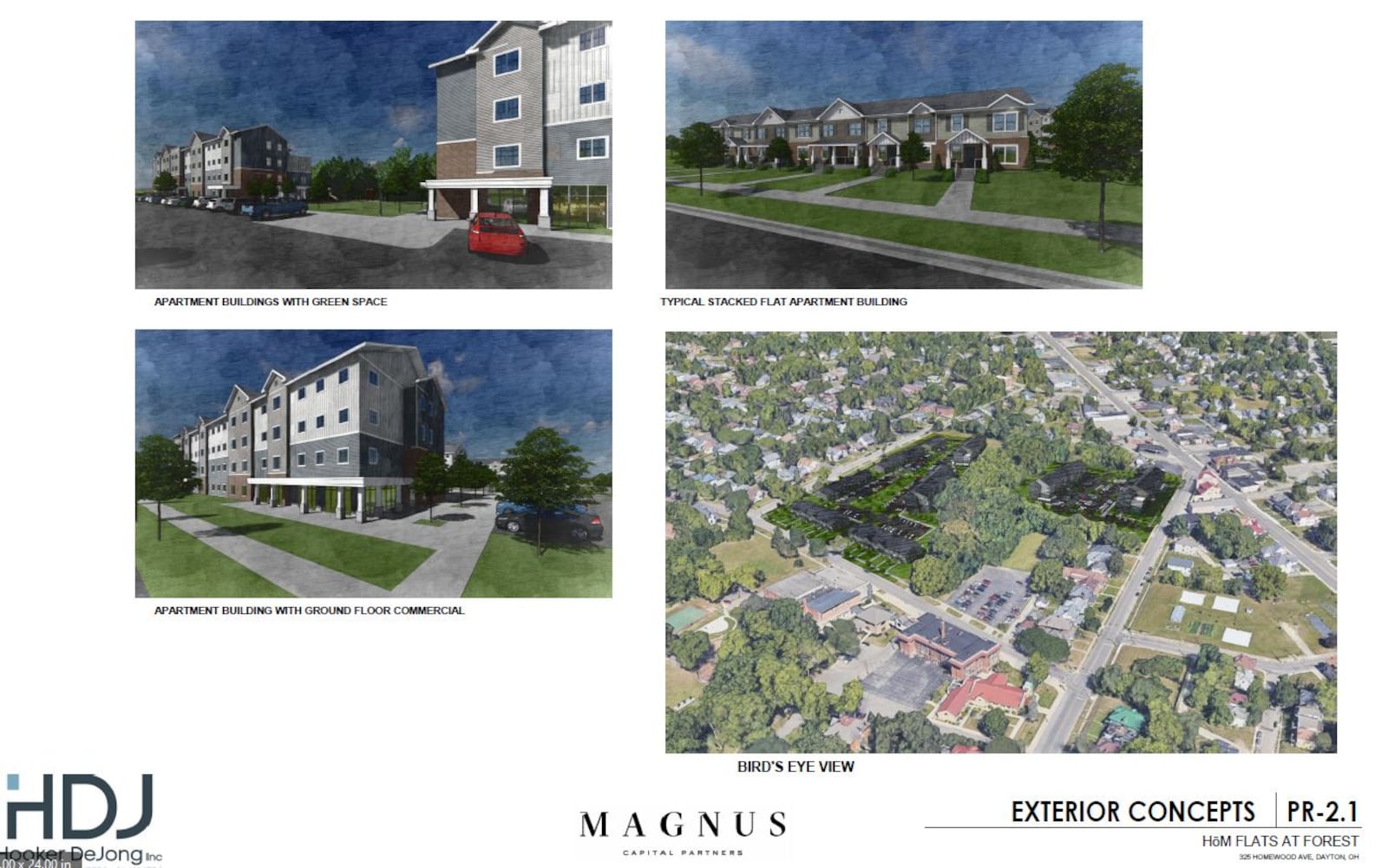 Renderings of new proposed housing for the former Julienne High School site in the Five Oaks neighborhood. CONTRIBUTED