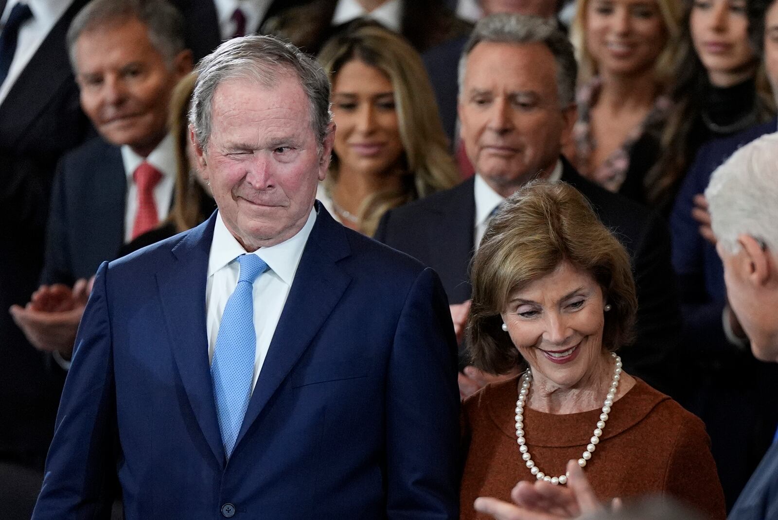 Former President George W. Bush and Laura Bush arrive before the 60th Presidential Inauguration in the Rotunda of the U.S. Capitol in Washington, Monday, Jan. 20, 2025. (AP Photo/Julia Demaree Nikhinson, Pool)