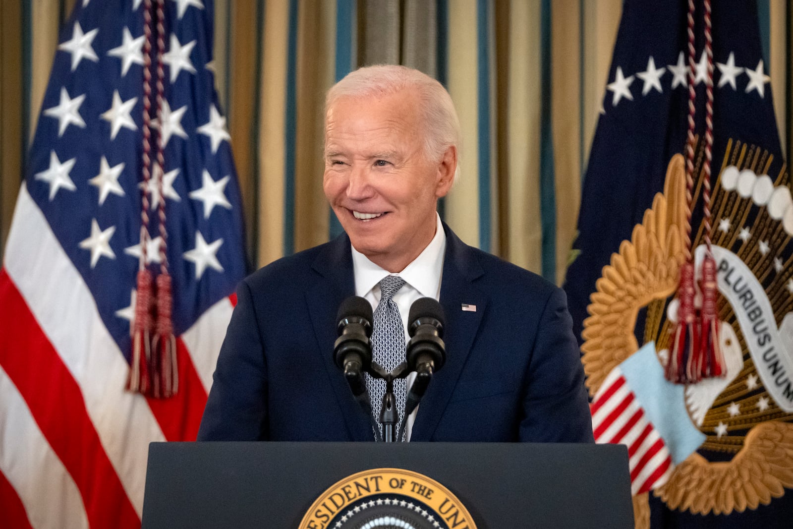 President Joe Biden speaks during an event to mark his administration's efforts to confirm federal judges during his term in the State Dining Room at the White House, Thursday, Jan. 2, 2025, in Washington. (AP Photo/Mark Schiefelbein)