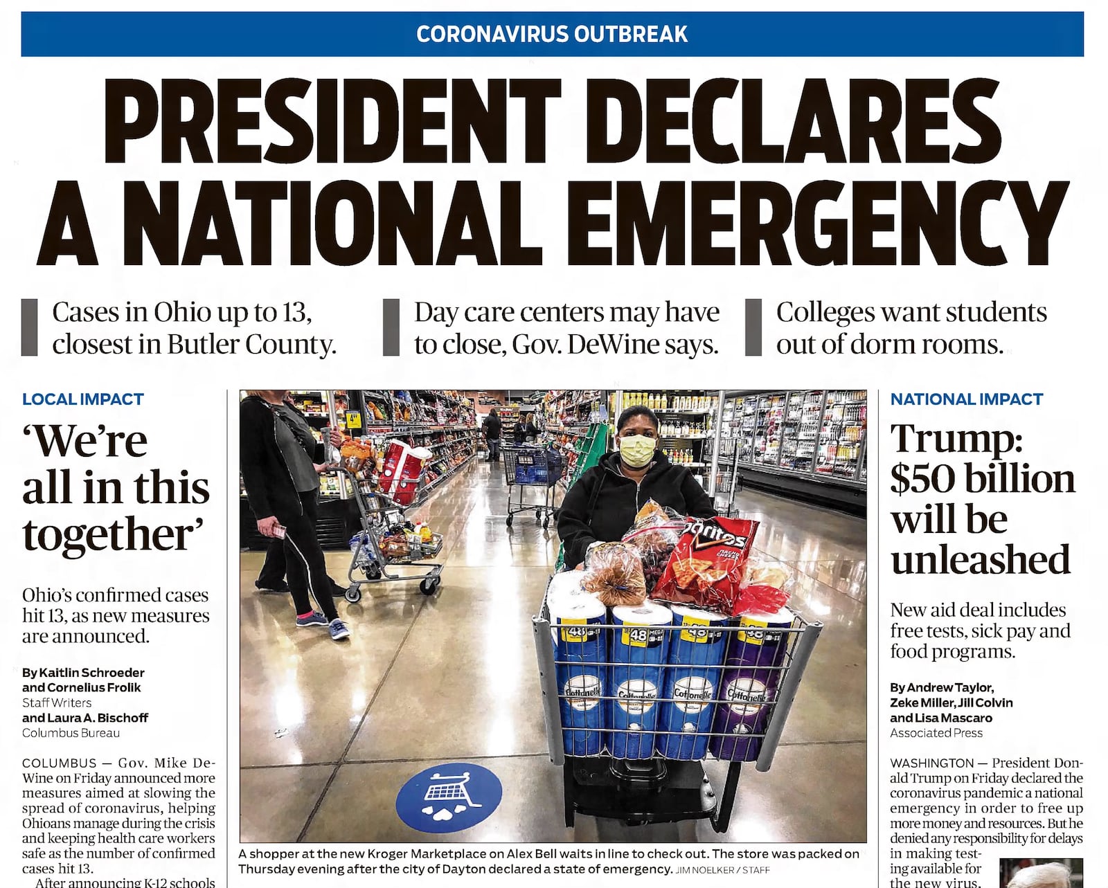 The front page of the Dayton Daily News, March 14, 2020. DAYTON DAILY NEWS ARCHIVES