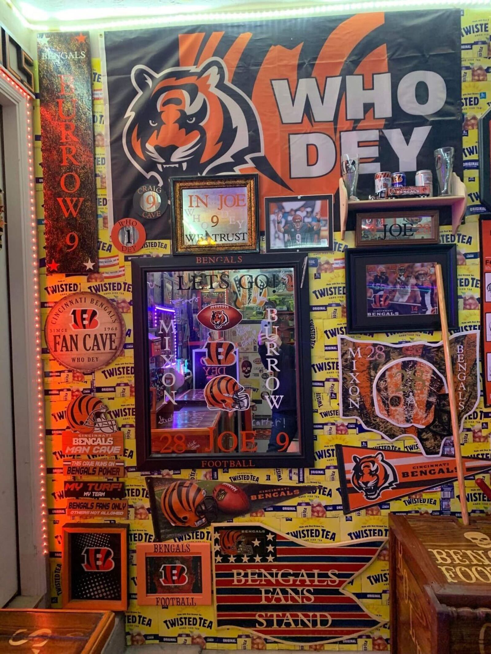 Craig Rolfes, of Franklin in Warren County, has a garage that is completed covered in items that show his love for the Cincinnati Bengals. CONTRIBUTED/KELLY ROLFES