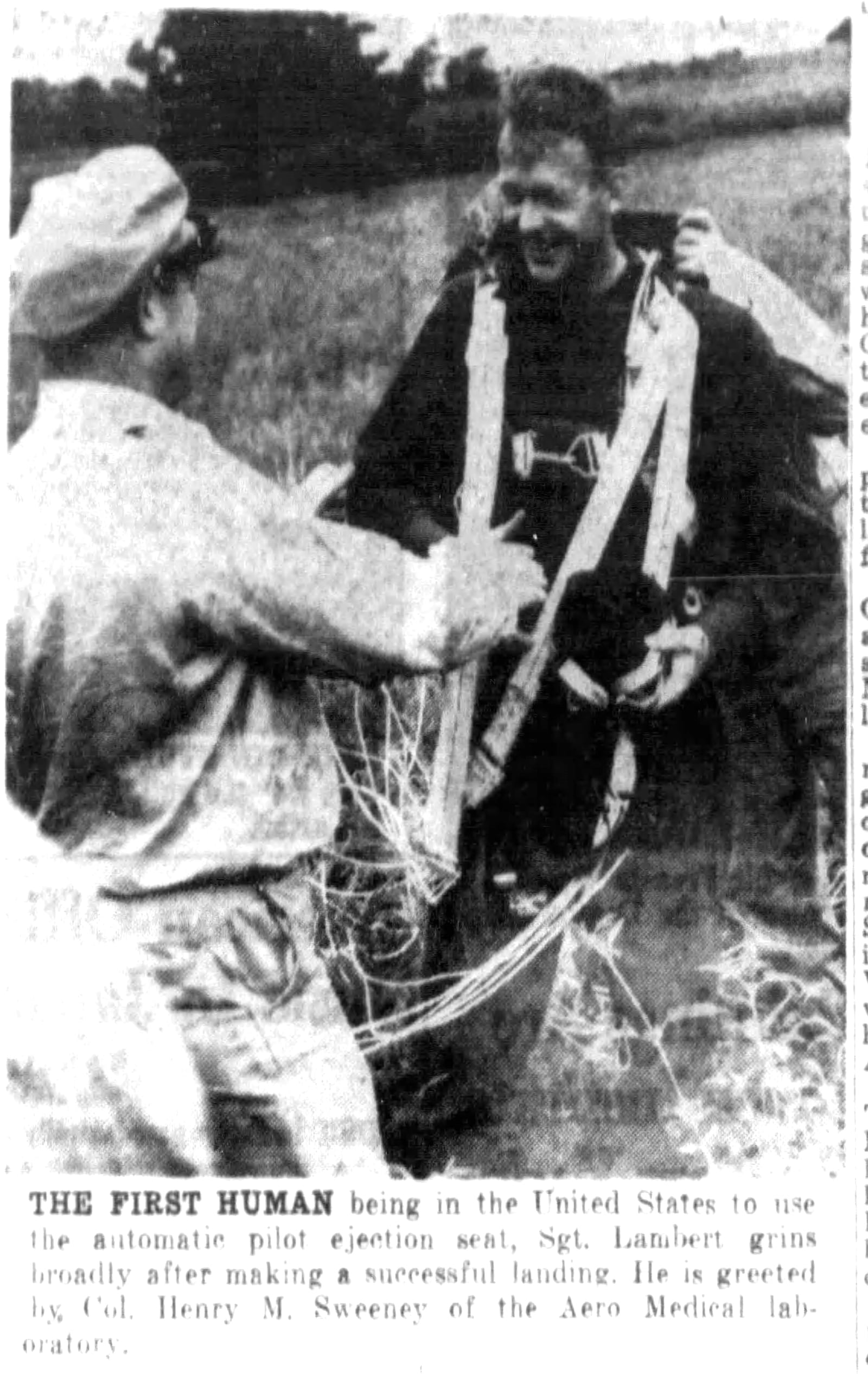 Aug. 18, 1946: Veteran jumper get big "kick" as "Pilot Ejector" throws him from plane. DAYTON DAILY NEWS ARCHIVES