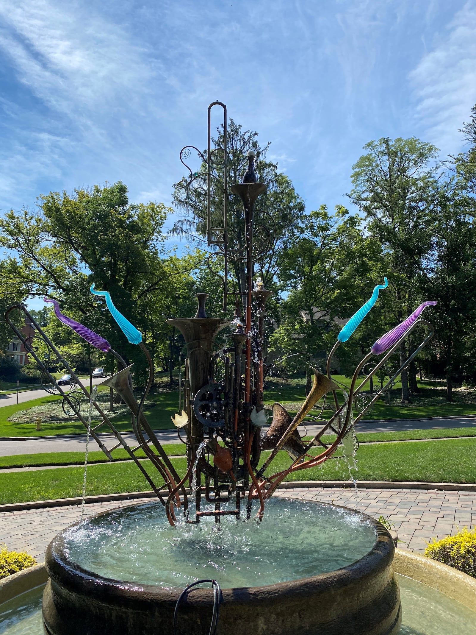 Samia Borcher of Oakwood commissioned sculptor Douglas Walker of  Vancouver Island in Canada to create artwork for her garden. Walker  uses repurposed musical instruments from schools to create unusual water fountains of metal, copper and glass. CONTRIBUTED