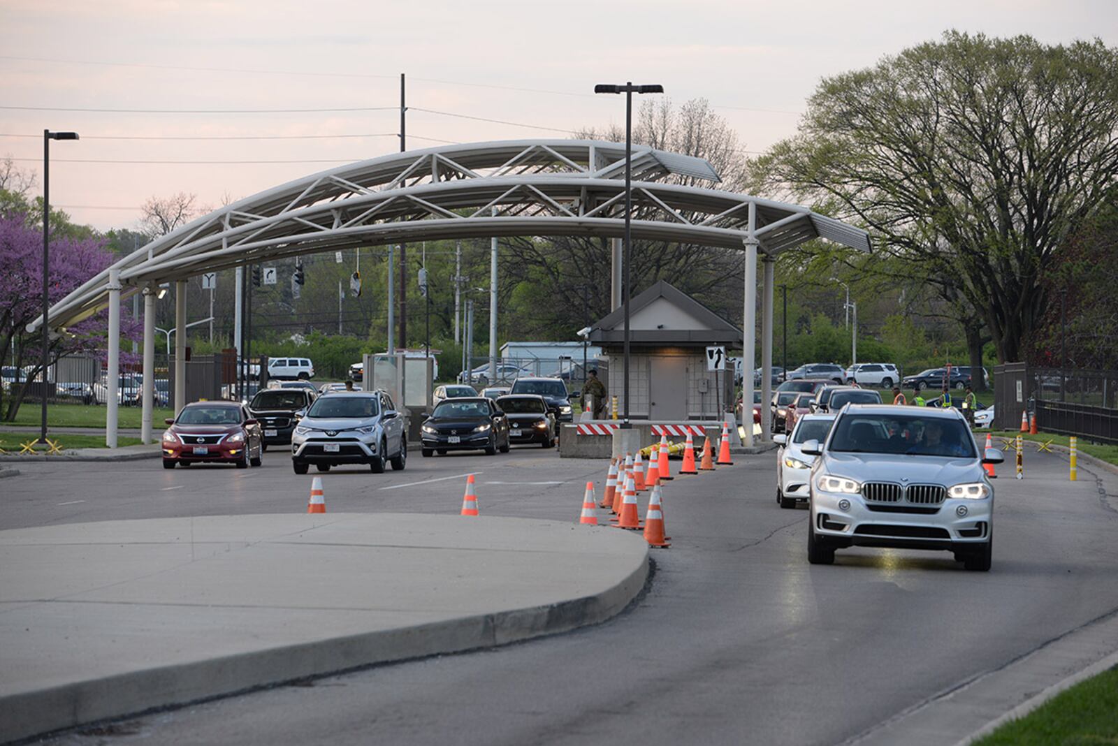 Traffic entering Gate 12A flows through all lanes on April 19 at Wright-Patterson Air Force Base. Due to the closure of Gate 15A for a two-month construction project, the new inbound-traffic pattern at Gate 12A operates from 6 to 9 a.m. weekdays. Motorists exiting the installation must use Gate 16A or Gate 1A during these hours. U.S. AIR FORCE PHOTO/TY GREENLEES