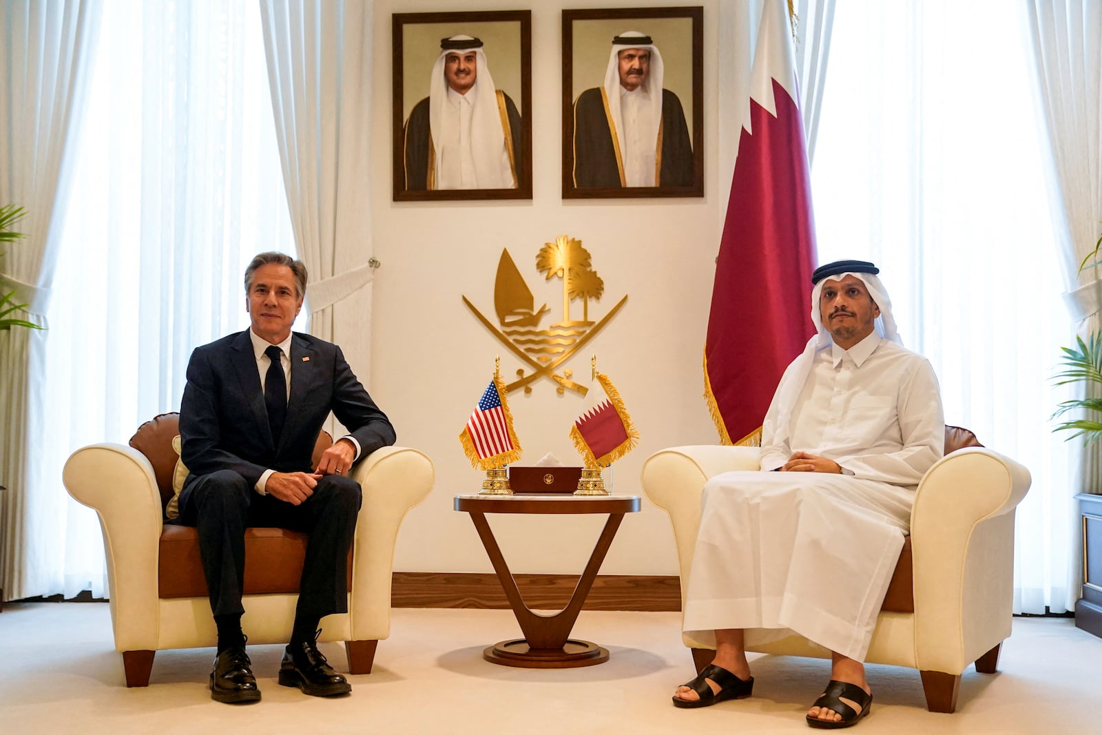 U.S. Secretary of State Antony Blinken, left, and Qatari Prime Minister and Foreign Minister Mohammed bin Abdulrahman Al Thani during their meeting in Doha, Qatar, Thursday, Oct. 24, 2024. (Nathan Howard/Pool Photo via AP)