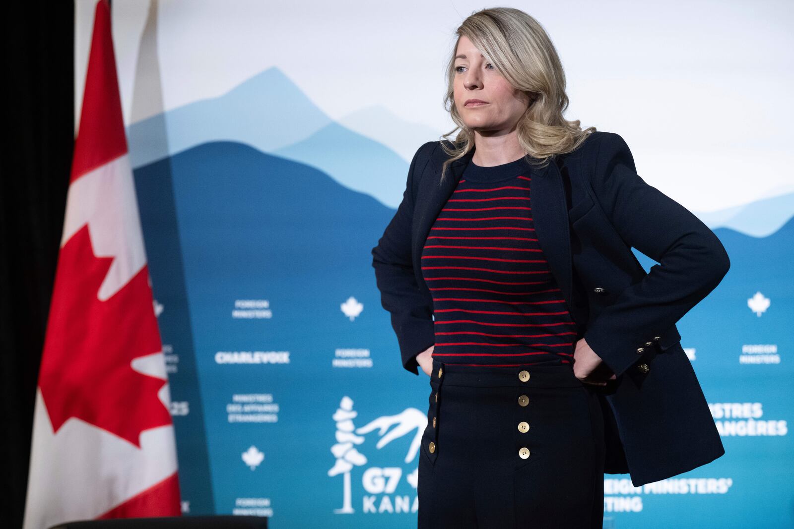 Canadian Foreign Minister Melanie Joly awaits the arrival of US Secretary of State Marco Rubio for a bilateral meeting on the sidelines of the G7 foreign ministers meeting in La Malbaie, Canada, Friday March 14, 2025. (Saul Loeb, Pool Photo via AP)