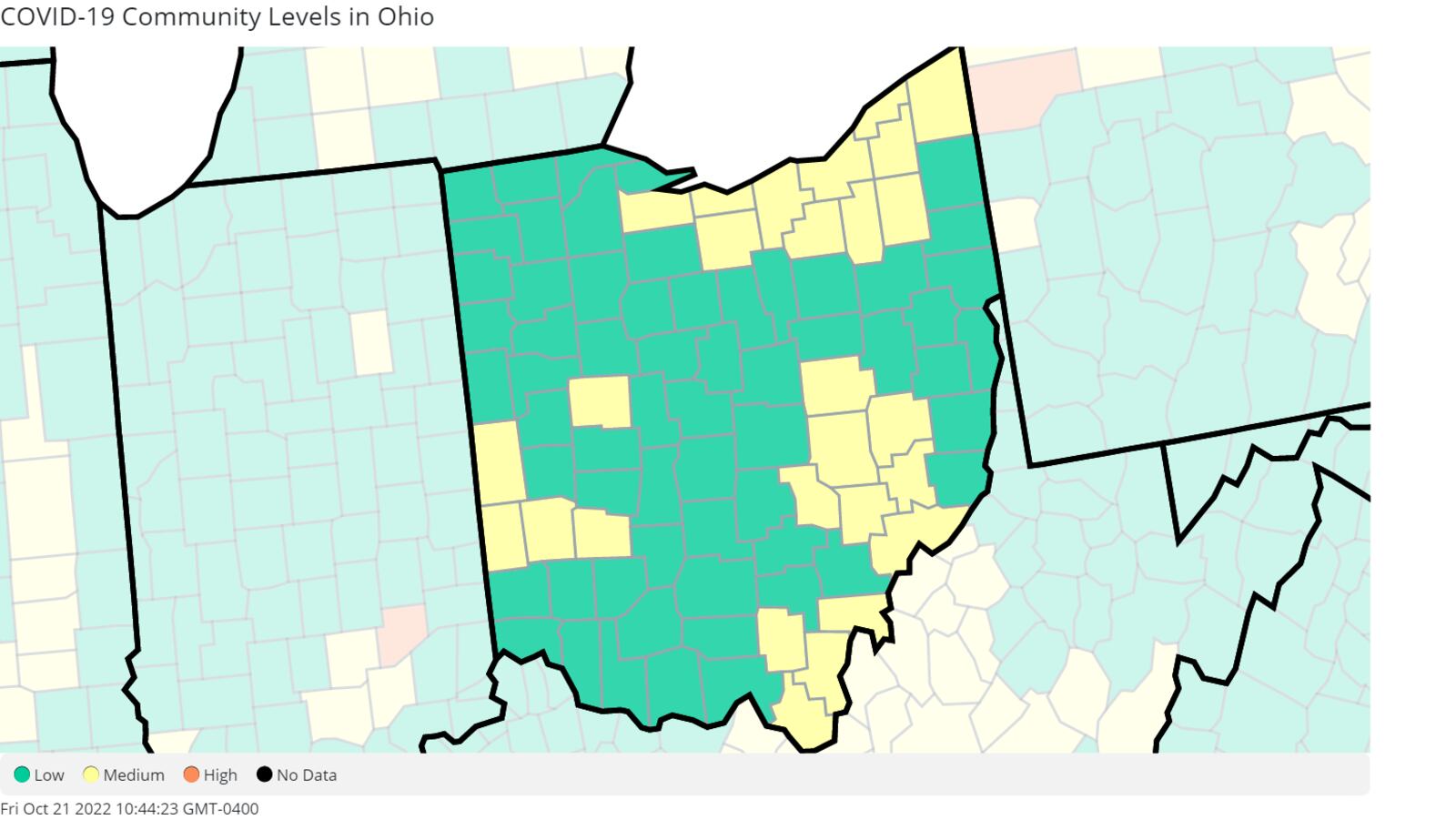 Ohio COVID-19 community levels as of Oct. 21, 2022. Map courtesy the Centers for Disease Control and Prevention.