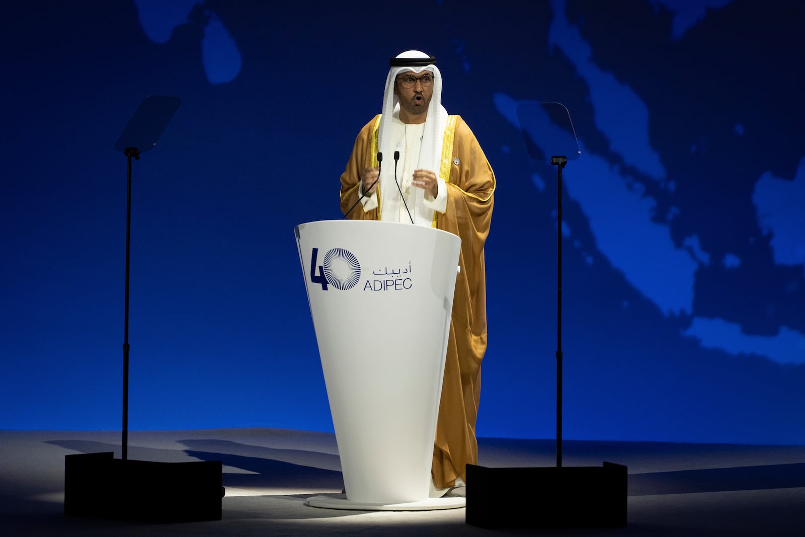 UAE Minister of Industry and Advanced Technology and Managing Director of state-run Abu Dhabi National Oil Co. (ADNOC) Sultan al-Jaber speaks during the inaugural session of annual Abu Dhabi International Petroleum Exhibition and Conference (ADIPEC), Oil and Energy exhibition and conference in Abu Dhabi, United Arab Emirates, Monday, Nov. 4, 2024. (AP Photo/Altaf Qadri)