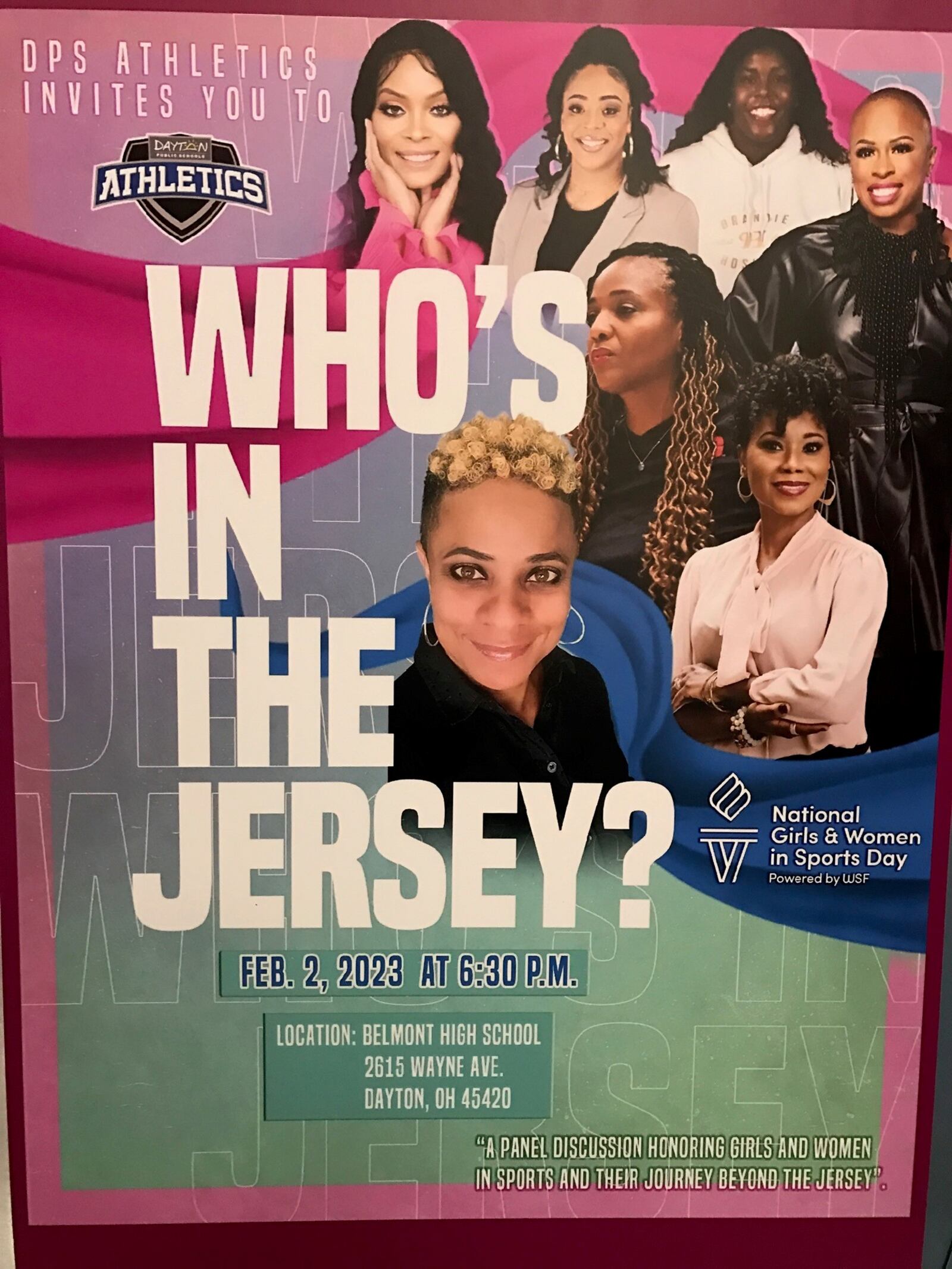 Promotional poster for the “Who’s in the Jersey” program put on by Dayton Public Schools Athletics at Belmont High on National Girls & Women in Sports Day. Tom Archdeacon/CONTRIBUTED