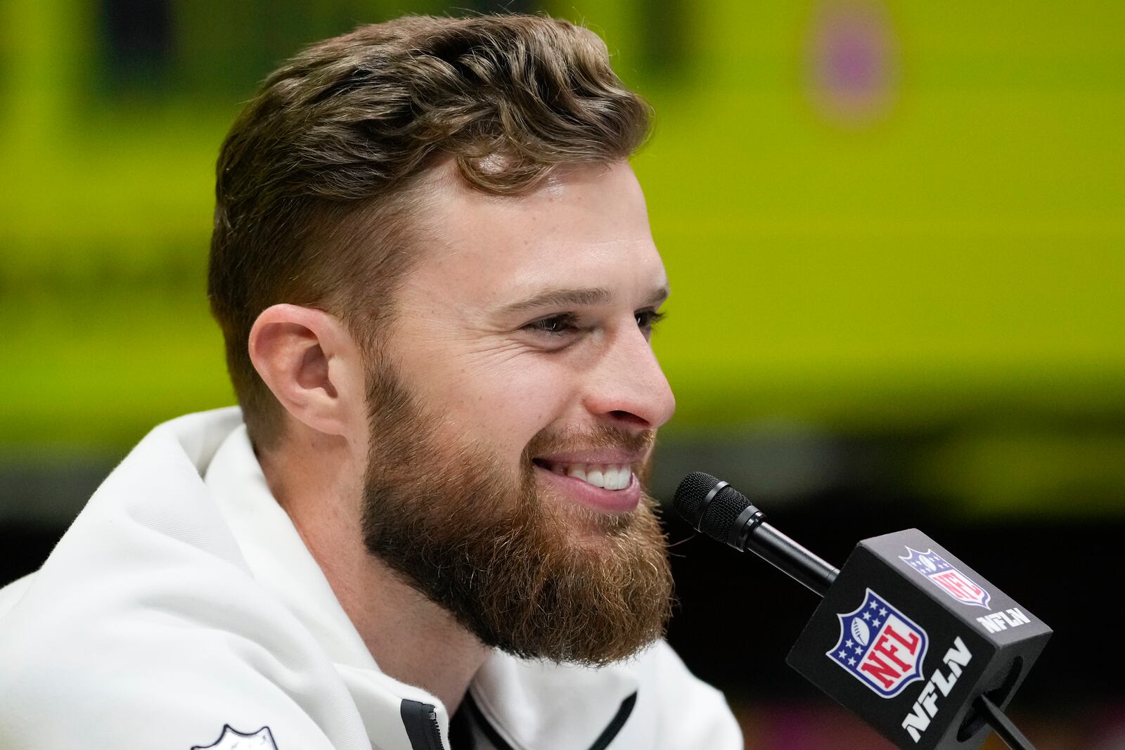 Kansas City Chiefs place kicker Harrison Butker (7) participates during Super Bowl 59 Opening Night, Monday, Feb. 3, 2025, in New Orleans, ahead of the NFL football game between the Philadelphia Eagles and the Kansas City Chiefs Sunday. (AP Photo/Matt York)