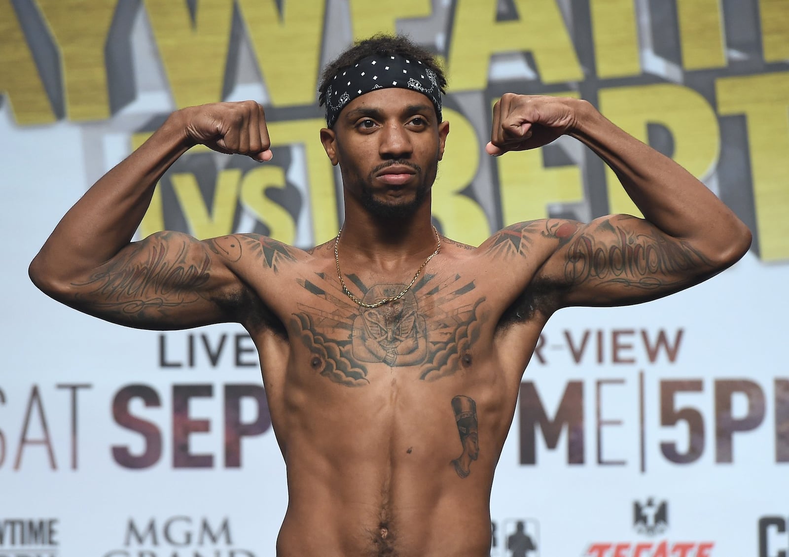 LAS VEGAS, NV - SEPTEMBER 11: Boxer Chris Pearson poses on the scale during his official weigh-in at MGM Grand Garden Arena on September 11, 2015 in Las Vegas, Nevada. (Photo by Ethan Miller/Getty Images)