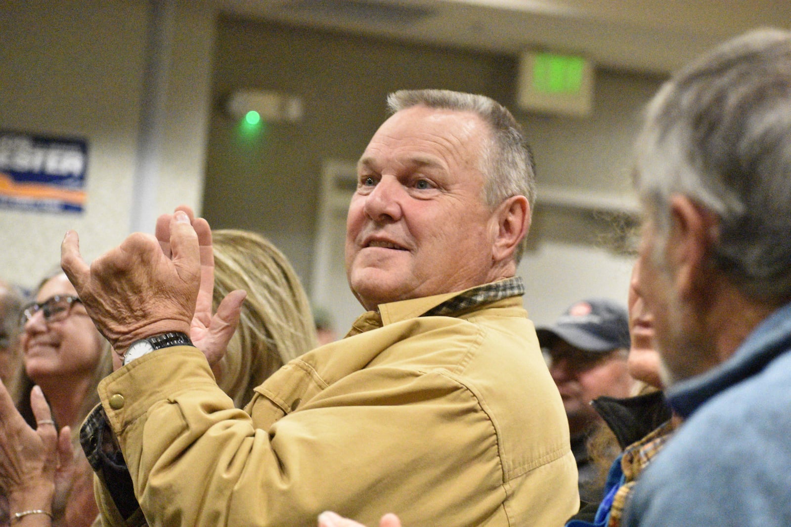 U.S. Sen. Jon Tester, a Democrat from Montana seeking re-election to a fourth term, is seen at a campaign rally in a hotel ballroom, Oct. 25, 2024, in Bozeman, Mont. (AP Photo/Matthew Brown)