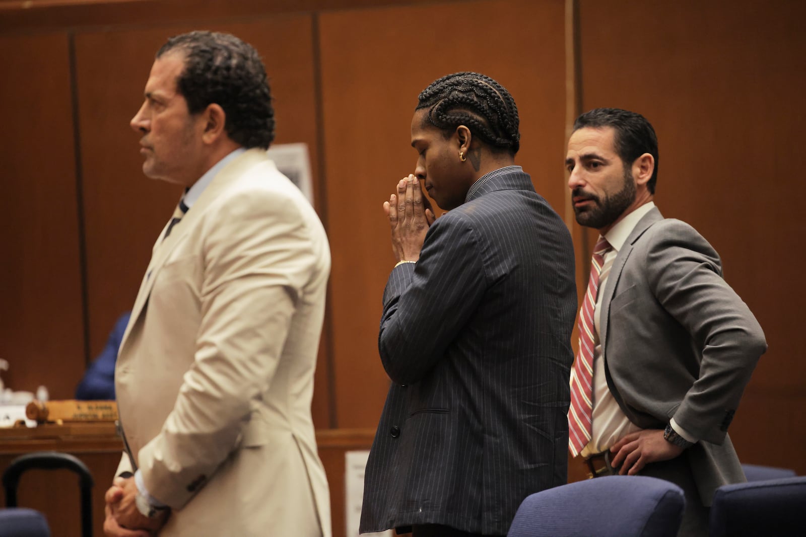 A$AP Rocky, center, waits for his verdict to be read during his trial Tuesday, Feb. 18, 2025, in Los Angeles. (Daniel Cole/Pool Photo via AP)